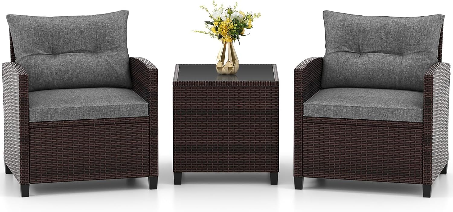RELAX4LIFE Wicker Patio Furniture Sets - 3 Pieces Rattan Sofa Set, Outdoor Conversation Set with Tempered Glass Tabletop, Heavy-Duty Steel Frame, Wicker Chair Set for Poolside, Backyard, Grey