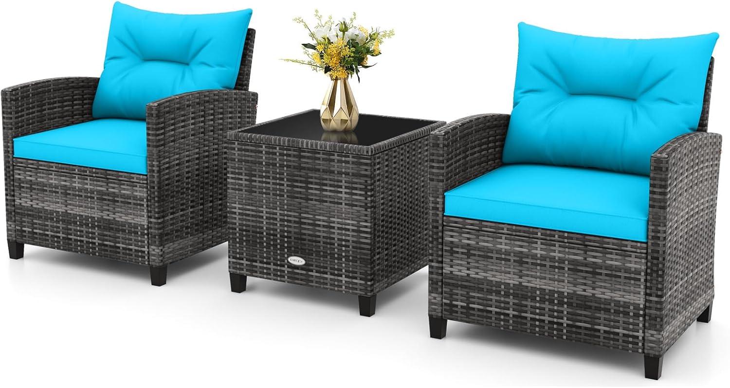 RELAX4LIFE Wicker Patio Furniture Sets - 3 Pieces Rattan Sofa Set, Outdoor Conversation Set with Tempered Glass Tabletop, Heavy-Duty Steel Frame, Wicker Chair Set for Poolside, Backyard, Grey
