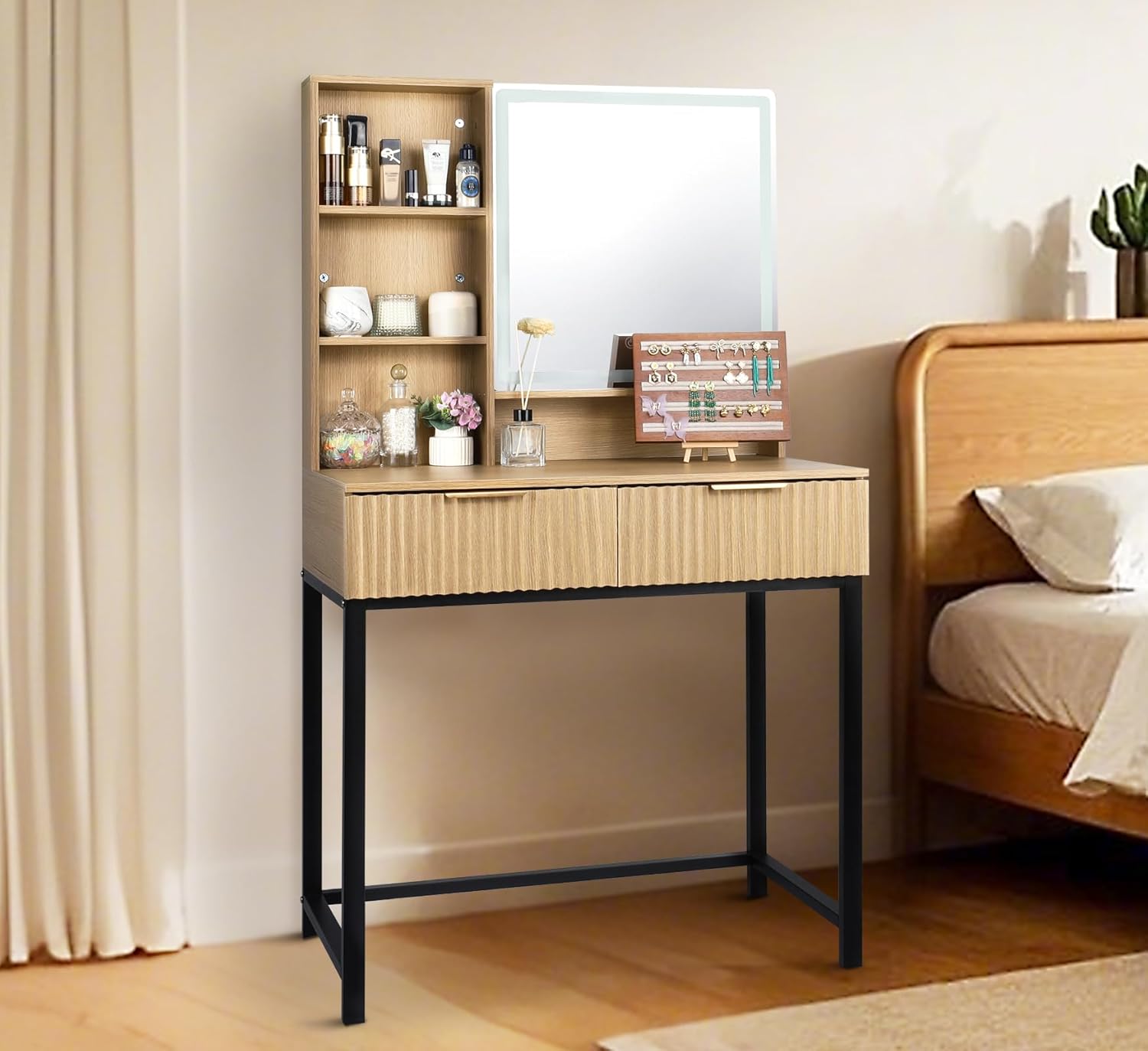 ZYBT Makeup Vanity Desk with Mirror White, Modern Minimalist Dressing Table 3-Color Adjustable Light Mirror, 2 Drawers with Gold Handles Elegant and Practical Storage for Bedrooms and Dressing Rooms