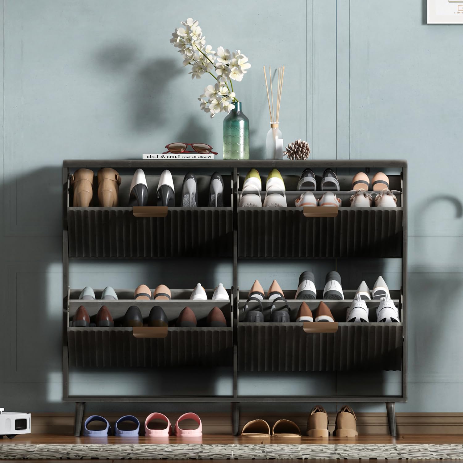 Shoe Cabinet Storage,Modern Freestanding Organizer with 2 Flip Drawers,Narrow Shoe Rack Cabinet for Entryway,Walnut
