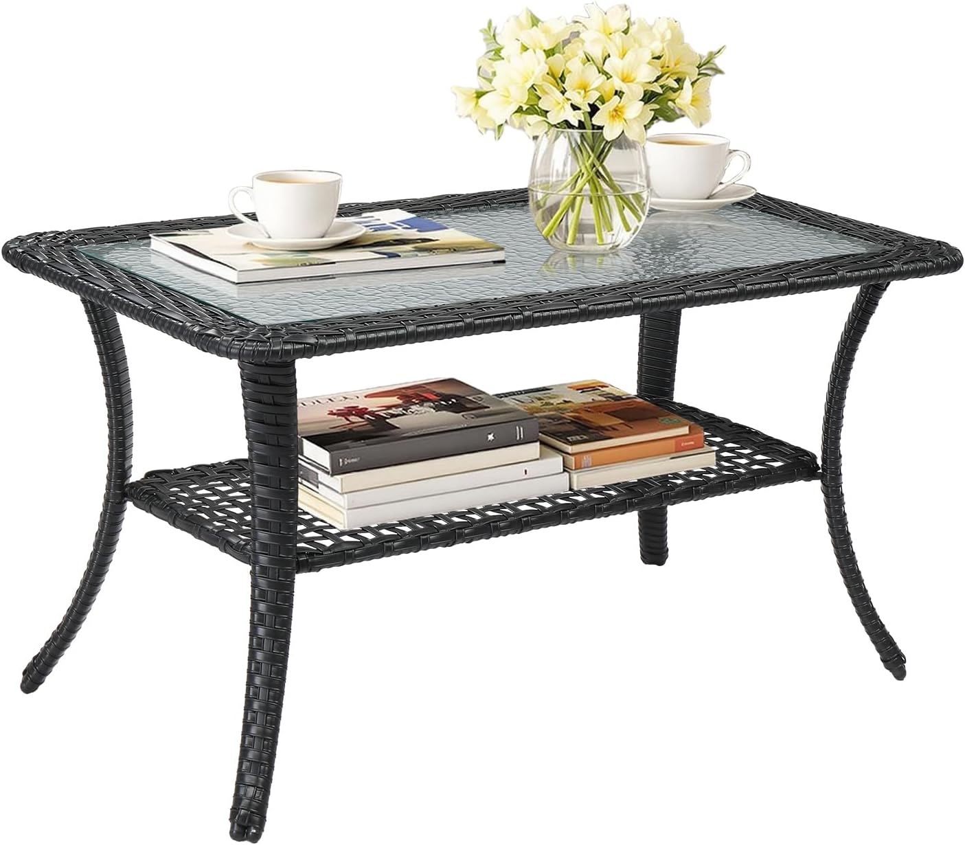 VINGLI Outdoor Coffee Table with Storage Wicker Patio Coffee Table, Tempered Glass Top Coffee Table for Patio Outside Balcony Porch Deck (Brown)