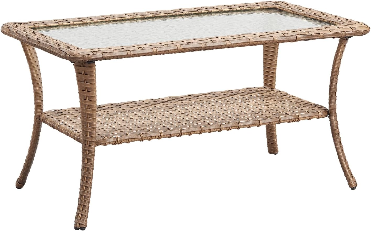Rilyson Patio Tables Outdoor Coffee Table - Wicker Rattan Coffee Tables with 2-Tier Storage Shelf Side Table for Porch Deck Balcony Garden Outside Rectangle Brown