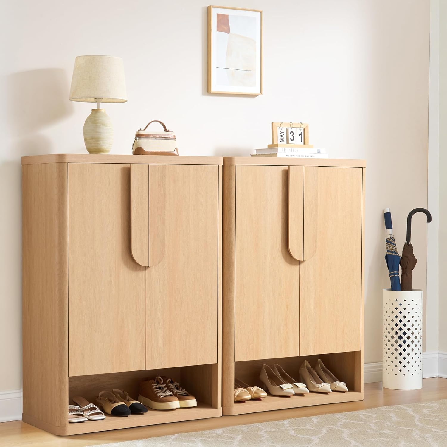 Shoe Cabinet 44" Tall Large Shoe Storage Organizer Modern Shoe Rack with Doors & 4 Shelves Minimalist Freestanding 5-Tier Shoe Storage Cabinet for Entryway Hallway Living Room, Natural, 1PC