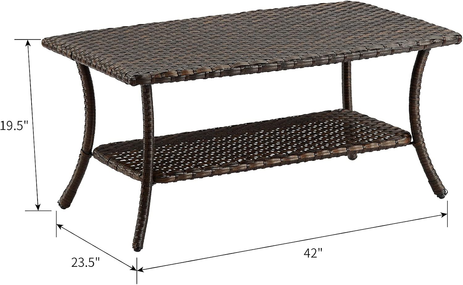 Rilyson Patio Tables Outdoor Coffee Table - Wicker Rattan Coffee Tables with 2-Tier Storage Shelf Side Table for Porch Deck Balcony Garden Outside Rectangle Brown