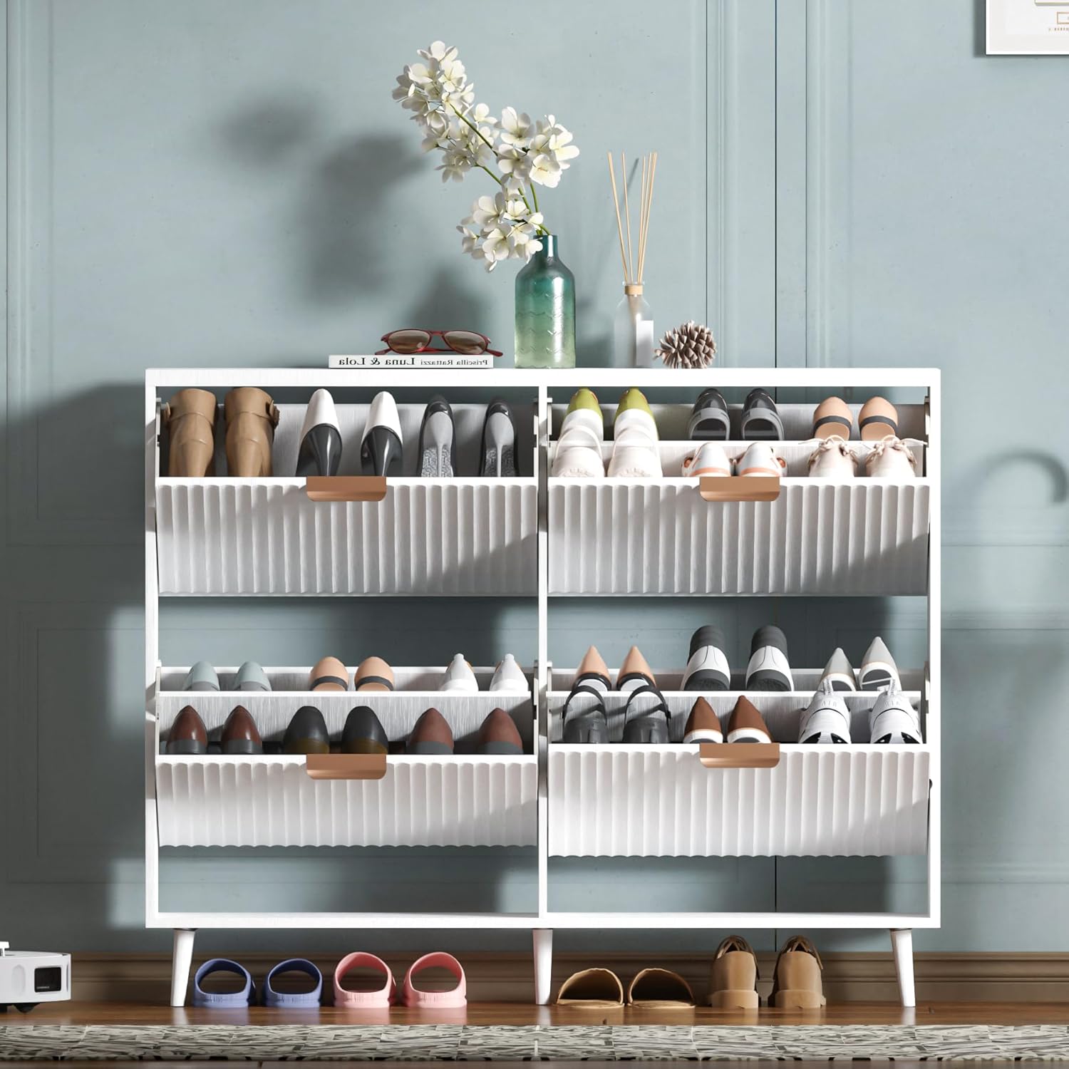 Shoe Cabinet Storage,Modern Freestanding Organizer with 2 Flip Drawers,Narrow Shoe Rack Cabinet for Entryway,Walnut