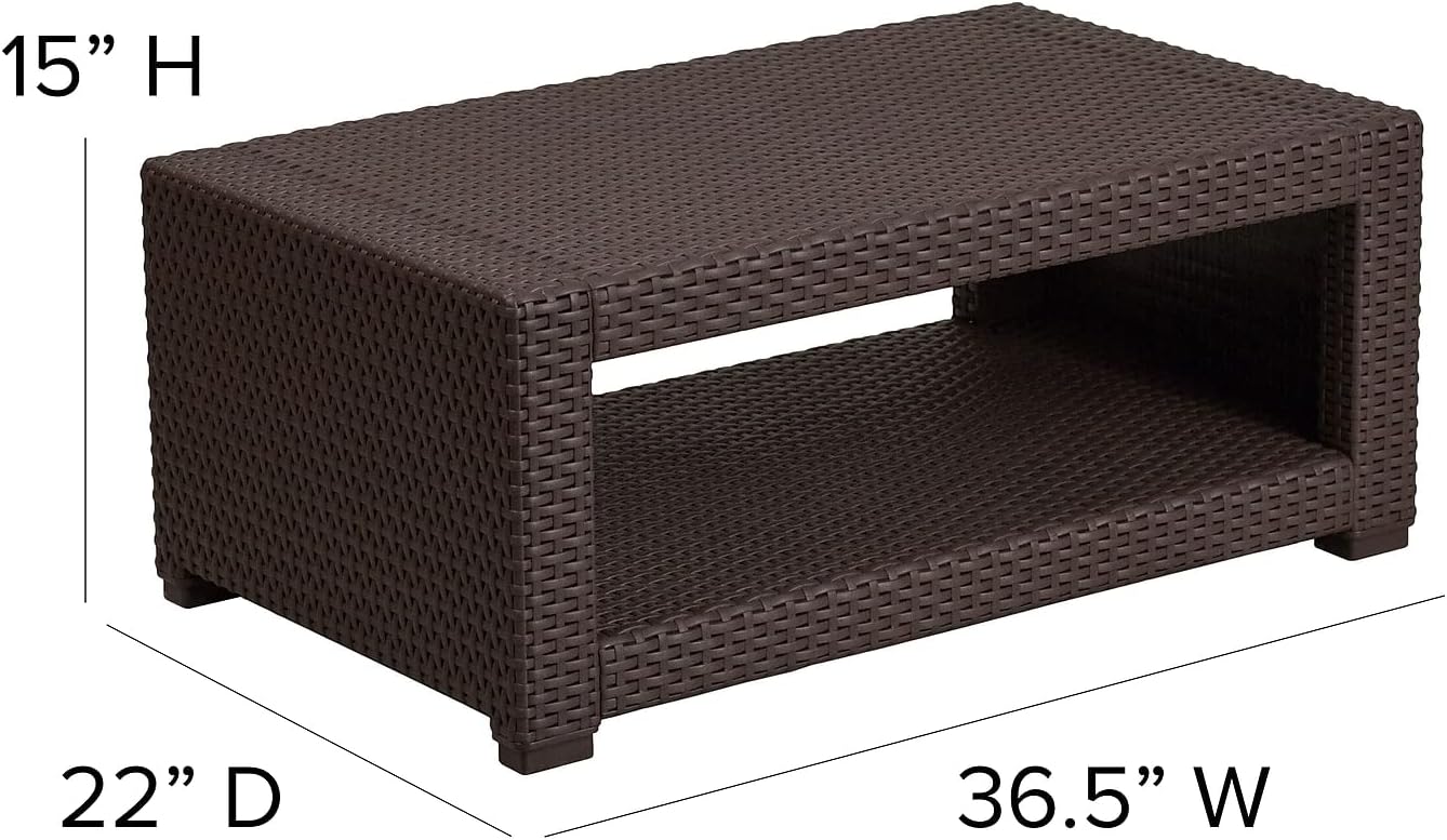 Flash Furniture Seneca Indoor/Outdoor Chocolate Brown Faux Rattan Coffee Table with Open Storage