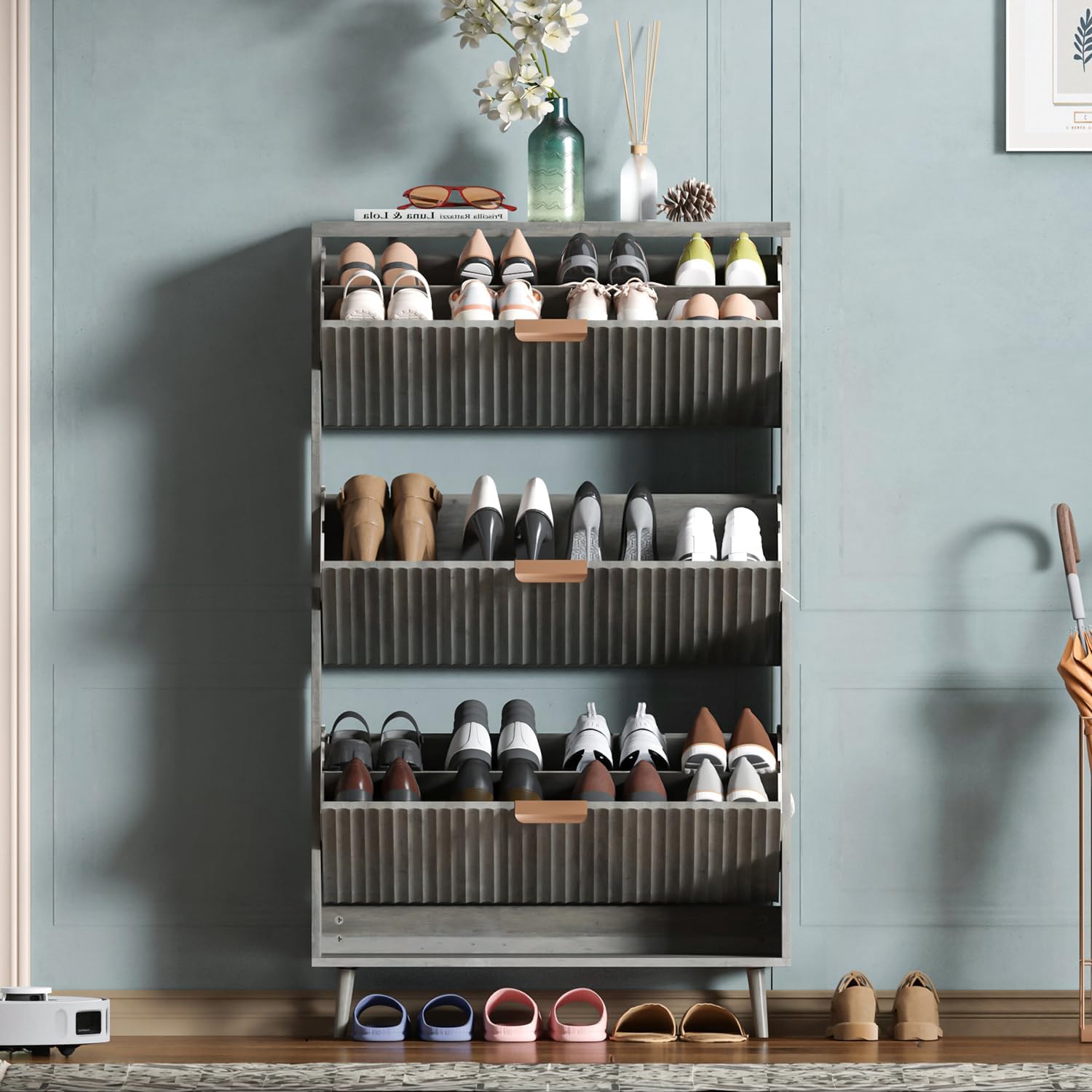 Shoe Cabinet Storage,Modern Freestanding Organizer with 2 Flip Drawers,Narrow Shoe Rack Cabinet for Entryway,Walnut