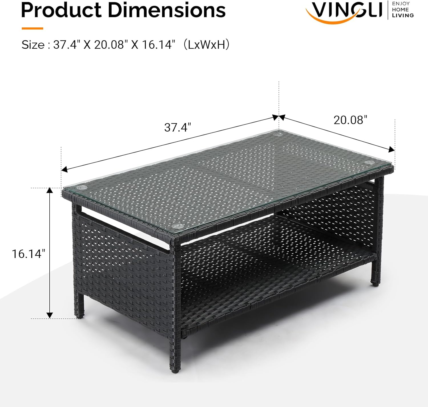 VINGLI Outdoor Wicker CoffeeTable Patio Coffee Tables for Outside, Tempered Glass Top Wicker Table with Storage Coffee Table for Patio Balcony Porch Deck (Black)