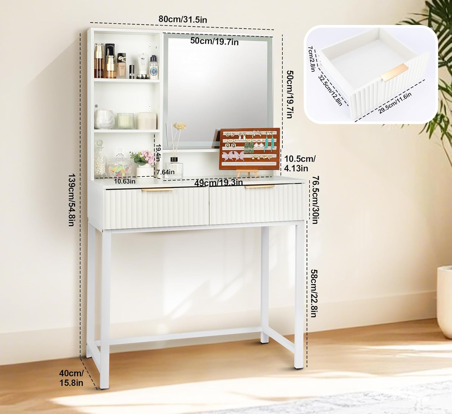 ZYBT Makeup Vanity Desk with Mirror White, Modern Minimalist Dressing Table 3-Color Adjustable Light Mirror, 2 Drawers with Gold Handles Elegant and Practical Storage for Bedrooms and Dressing Rooms