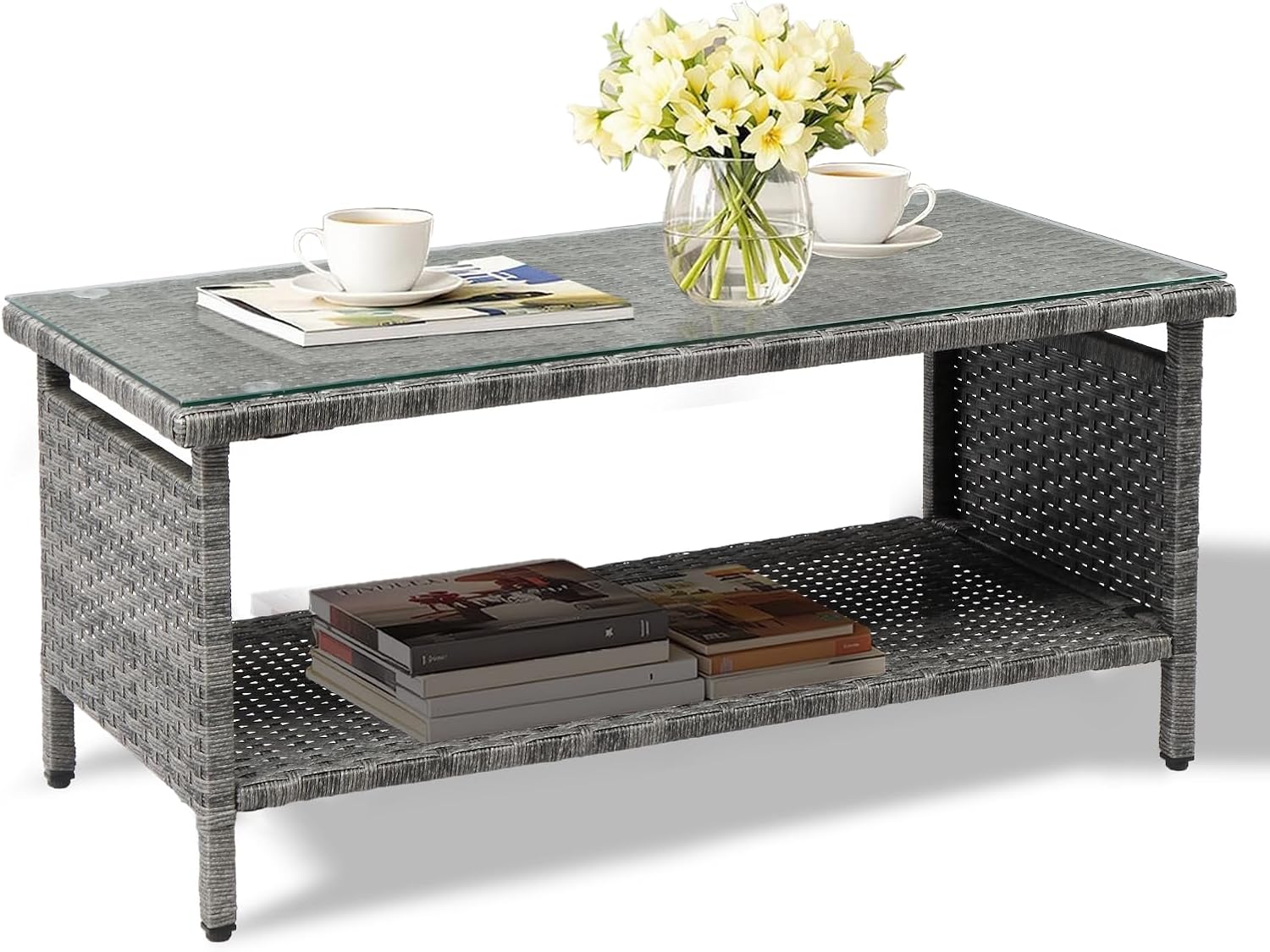 VINGLI Outdoor Wicker CoffeeTable Patio Coffee Tables for Outside, Tempered Glass Top Wicker Table with Storage Coffee Table for Patio Balcony Porch Deck (Black)