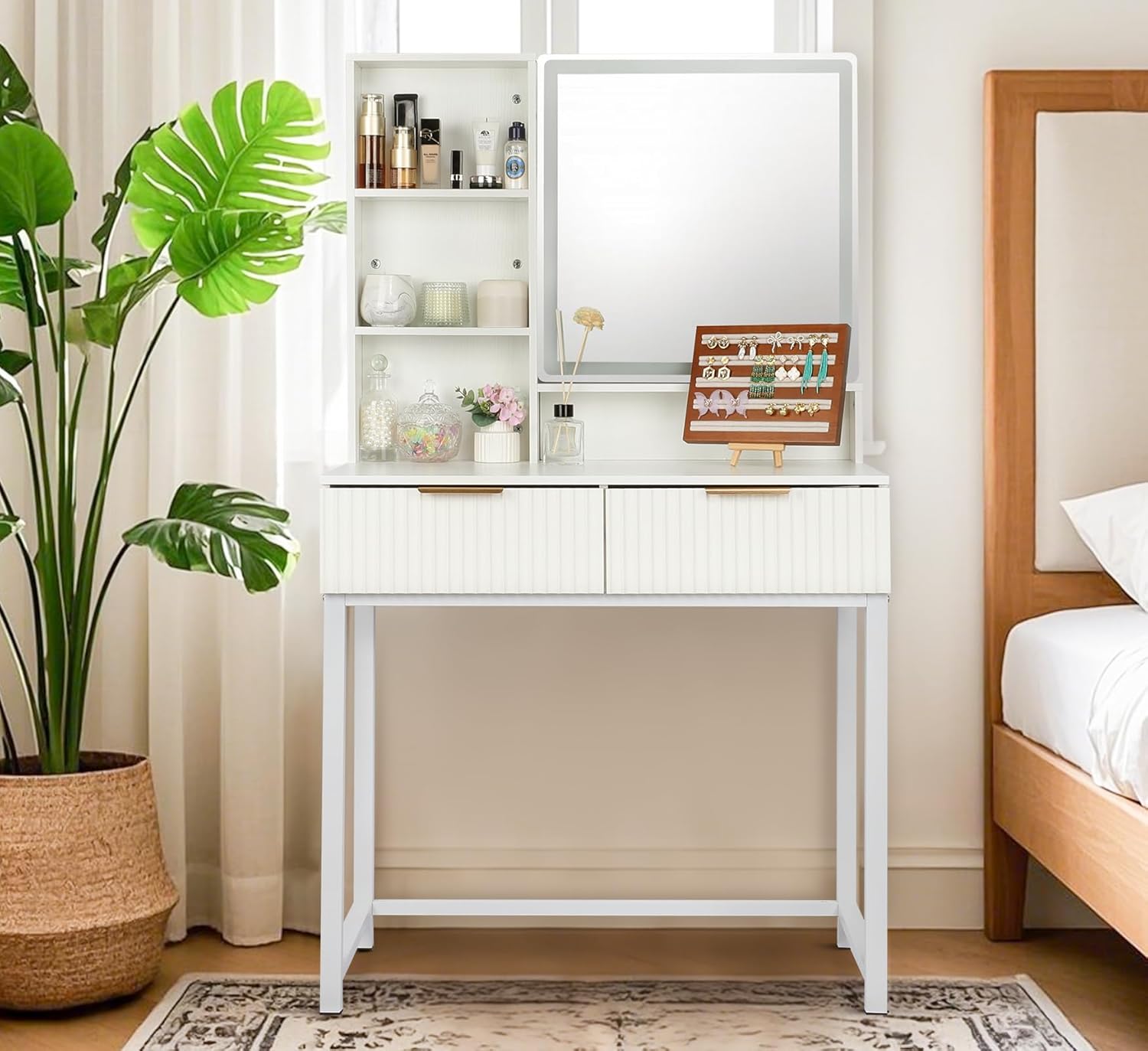 ZYBT Makeup Vanity Desk with Mirror White, Modern Minimalist Dressing Table 3-Color Adjustable Light Mirror, 2 Drawers with Gold Handles Elegant and Practical Storage for Bedrooms and Dressing Rooms