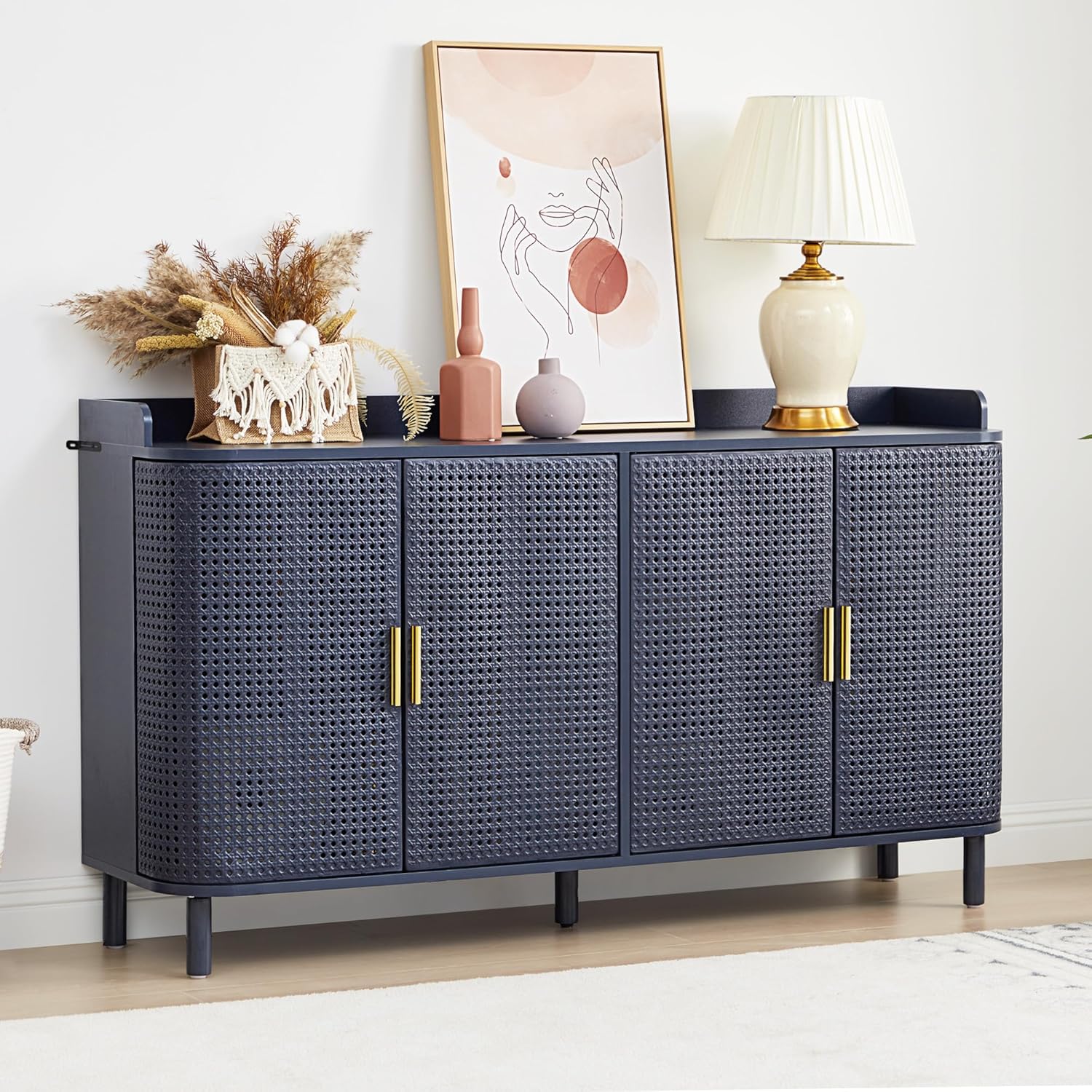 ORRD Shoe Cabinet, 5 Tier Boho Wooden Shoe Storage Organizer Cabinet with Adjustable Shelves, Shoes Rack with Iron Rattan Curved Doors Accent Cabinet for Entryway Hallway Living Room, Walnut