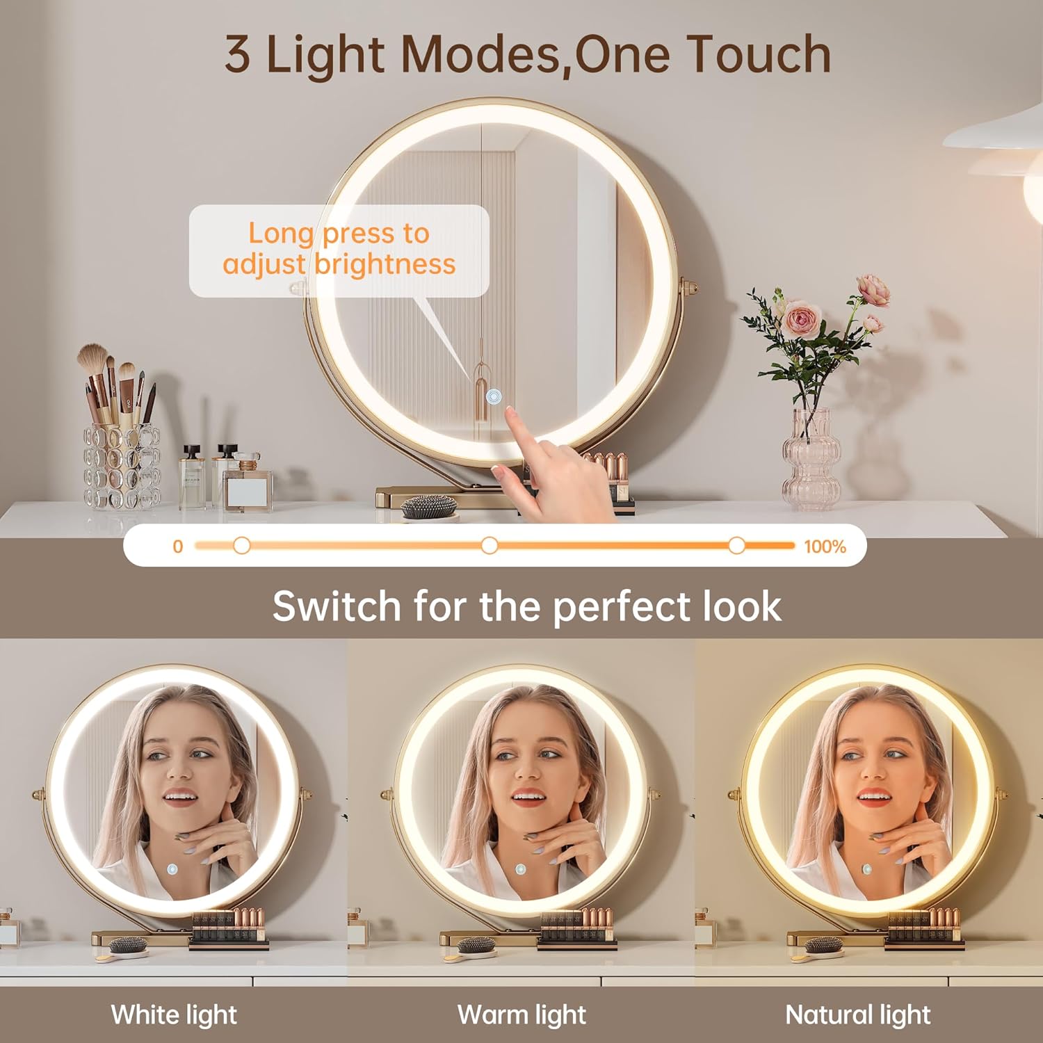 Vanity Desk with Mirror and Lights| 39" Beige Modern Makeup Vanity Set with Drawers & Adjustable Chair| White and Gold Dressing Table for Small Spaces & Bedroom