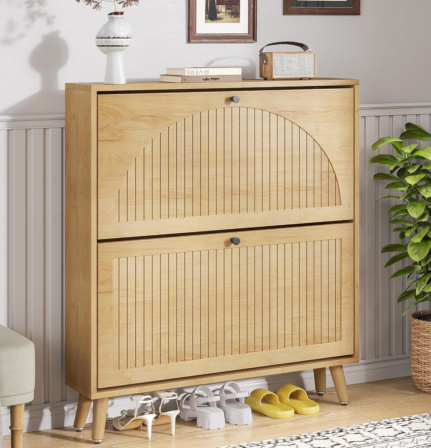 Shoe Storage Cabinet for Entryway with 2 Flip Drawers, Narrow Wood Shoe Cabinet with Fluted Panel, Freestanding Hidden Shoe Organizer for Foyer, Hallway (Wood Color - No Shelf)