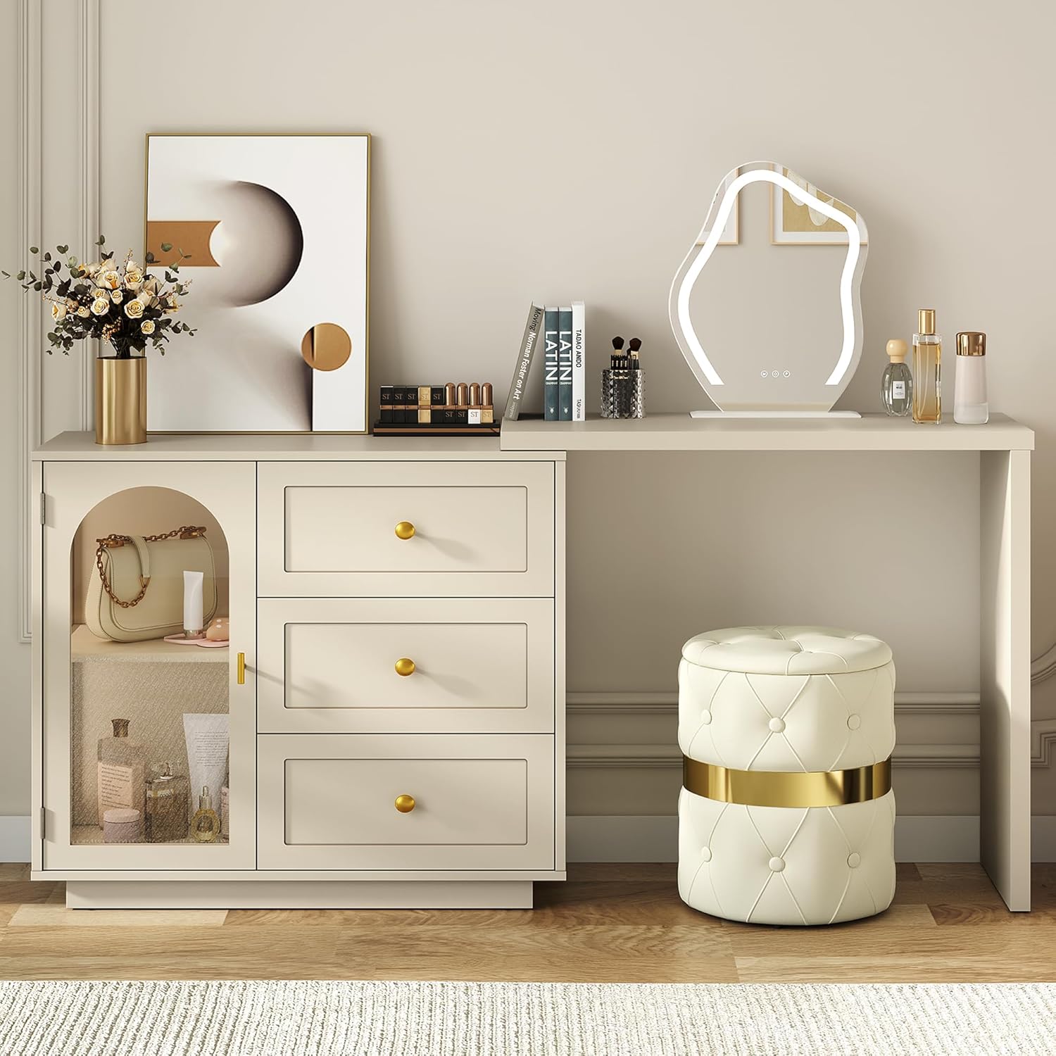 RoyalCraft 59” Large Makeup Vanity Desk, Beige L Shaped Corner Vanity Table with 3 Drawer & 2 Door, Modern Extendable Dressing Table, Vanity Dresser Combo for Bedroom, Dressing Room (Without Mirror)