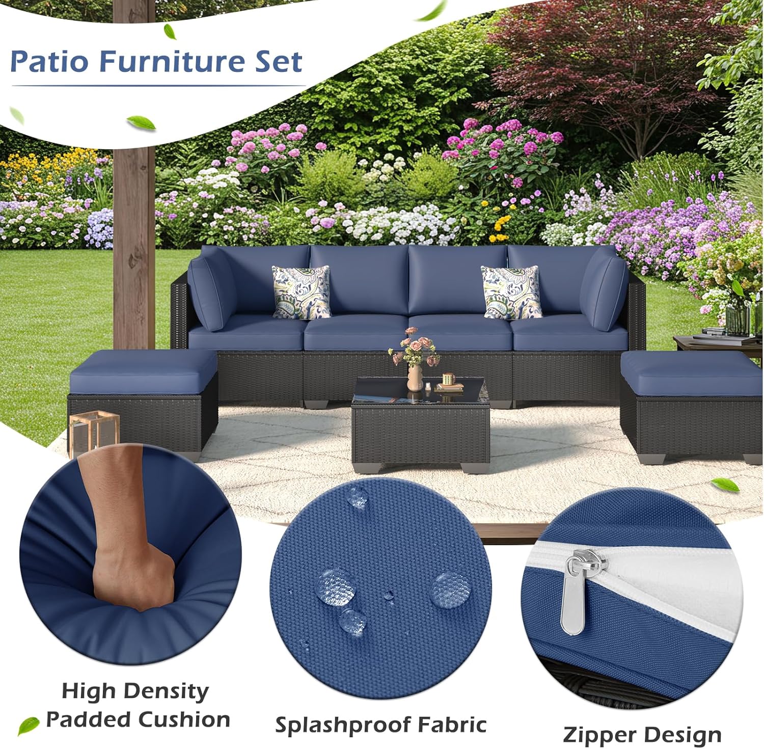 U-MAX 7 Piece Outdoor Patio Furniture Set, PE Rattan Wicker Sofa Set, Outdoor Sectional Furniture Chair Set with Navy Cushions and Tea Table, Black Rattan