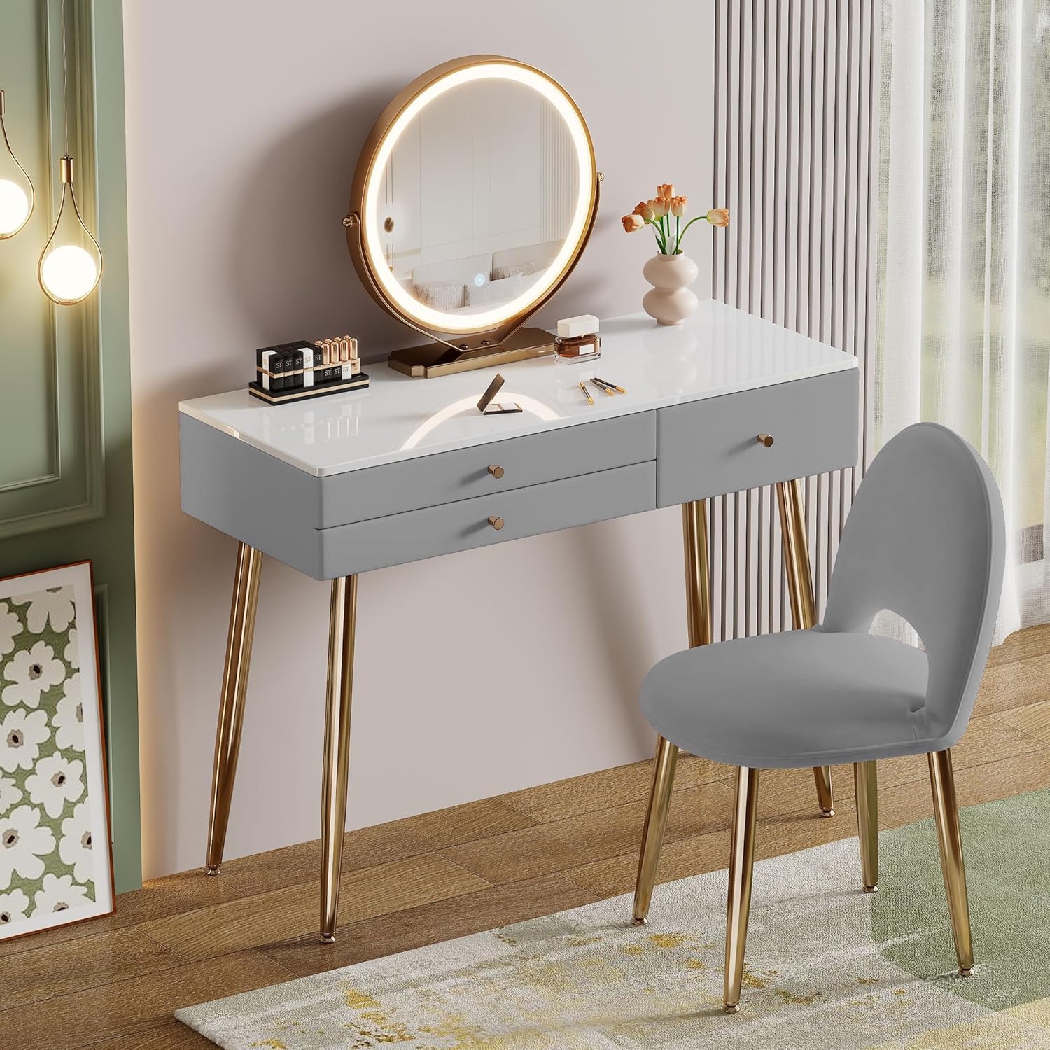 Vanity Desk with Mirror and Lights| 39" Beige Modern Makeup Vanity Set with Drawers & Adjustable Chair| White and Gold Dressing Table for Small Spaces & Bedroom