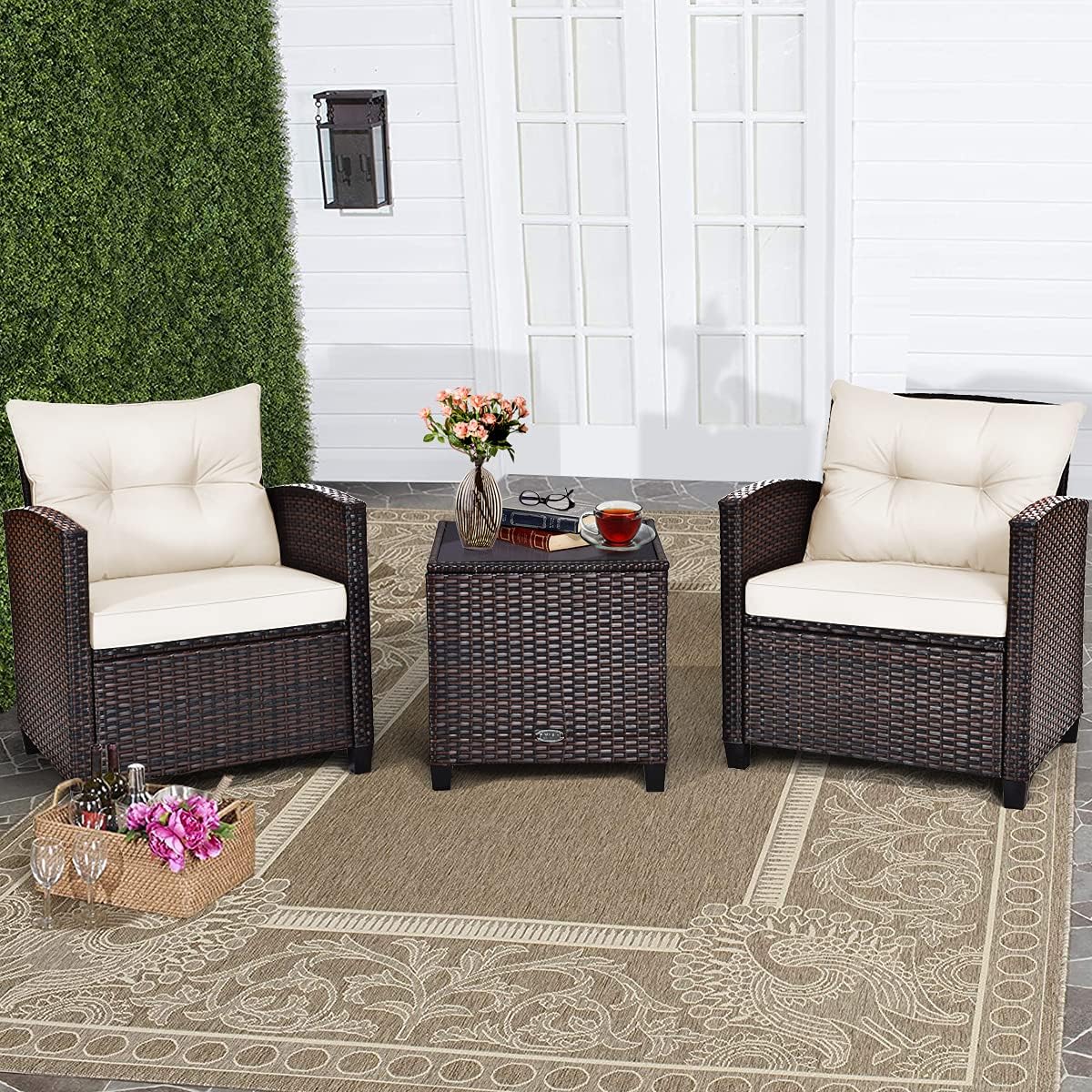 RELAX4LIFE Wicker Patio Furniture Sets - 3 Pieces Rattan Sofa Set, Outdoor Conversation Set with Tempered Glass Tabletop, Heavy-Duty Steel Frame, Wicker Chair Set for Poolside, Backyard, Grey