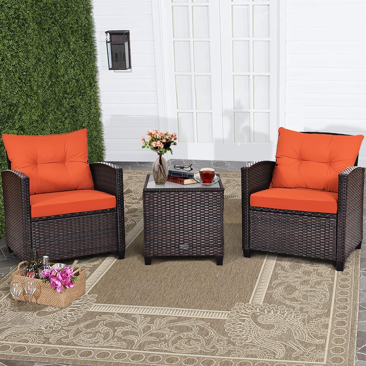 RELAX4LIFE Wicker Patio Furniture Sets - 3 Pieces Rattan Sofa Set, Outdoor Conversation Set with Tempered Glass Tabletop, Heavy-Duty Steel Frame, Wicker Chair Set for Poolside, Backyard, Grey