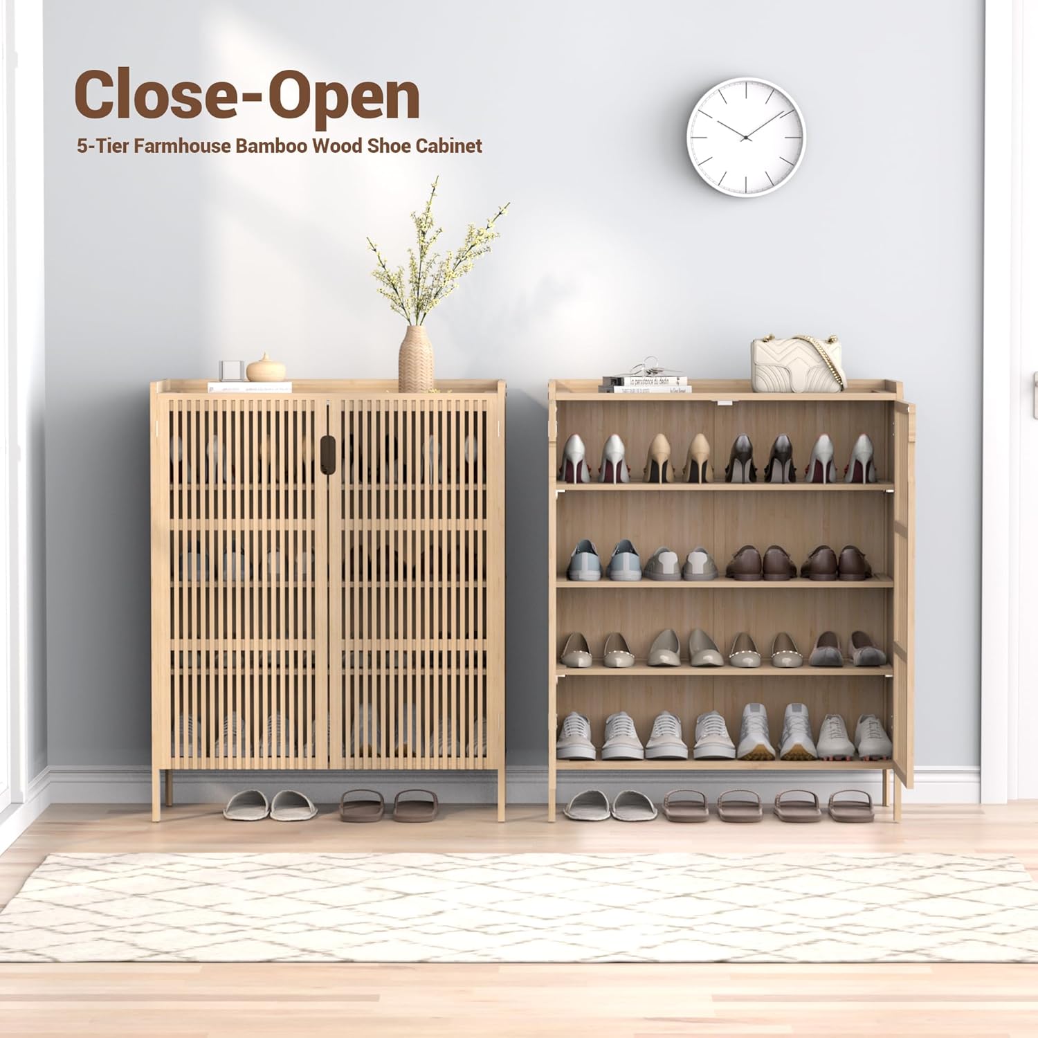 Shoe Cabinet, 20 Pair Farmhouse Shoe Organizer Cabinet, Freestanding Bamboo Wood Shoe Storage Cabinet with Grille Doors, 5-Tier Narrow Shoe Cabinet for Entryway Hallway, Natural