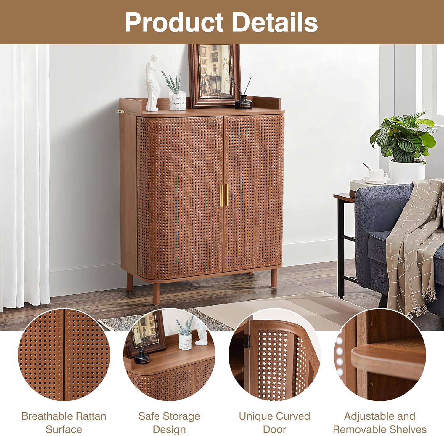 ORRD Shoe Cabinet, 5 Tier Boho Wooden Shoe Storage Organizer Cabinet with Adjustable Shelves, Shoes Rack with Iron Rattan Curved Doors Accent Cabinet for Entryway Hallway Living Room, Walnut