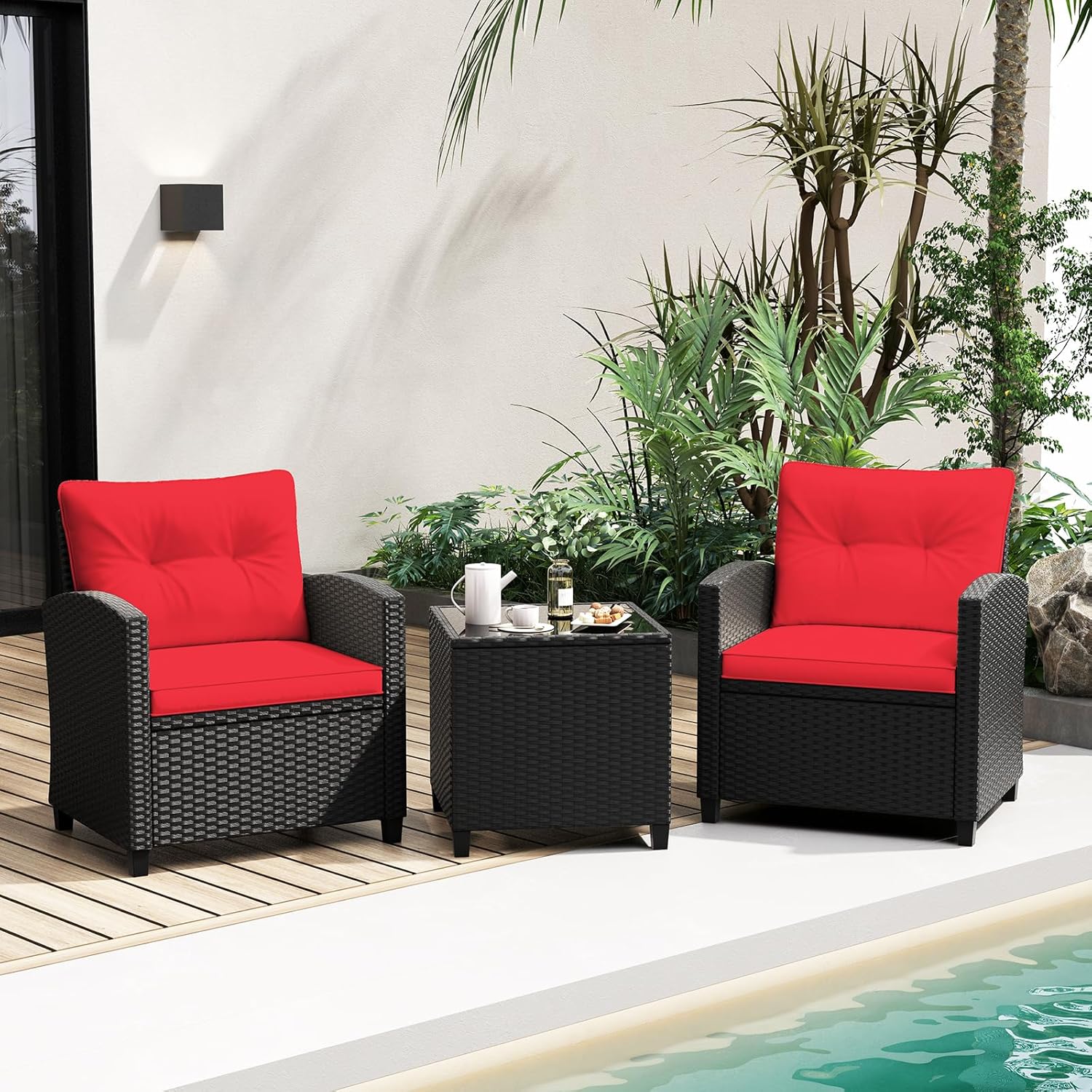 RELAX4LIFE Wicker Patio Furniture Sets - 3 Pieces Rattan Sofa Set, Outdoor Conversation Set with Tempered Glass Tabletop, Heavy-Duty Steel Frame, Wicker Chair Set for Poolside, Backyard, Grey
