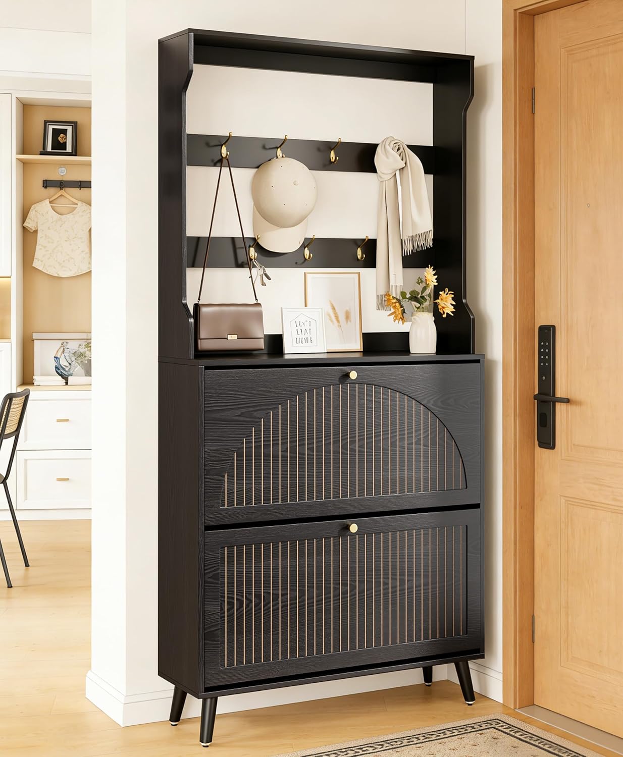 Shoe Storage Cabinet for Entryway with 2 Flip Drawers, Narrow Wood Shoe Cabinet with Fluted Panel, Freestanding Hidden Shoe Organizer for Foyer, Hallway (Wood Color - No Shelf)