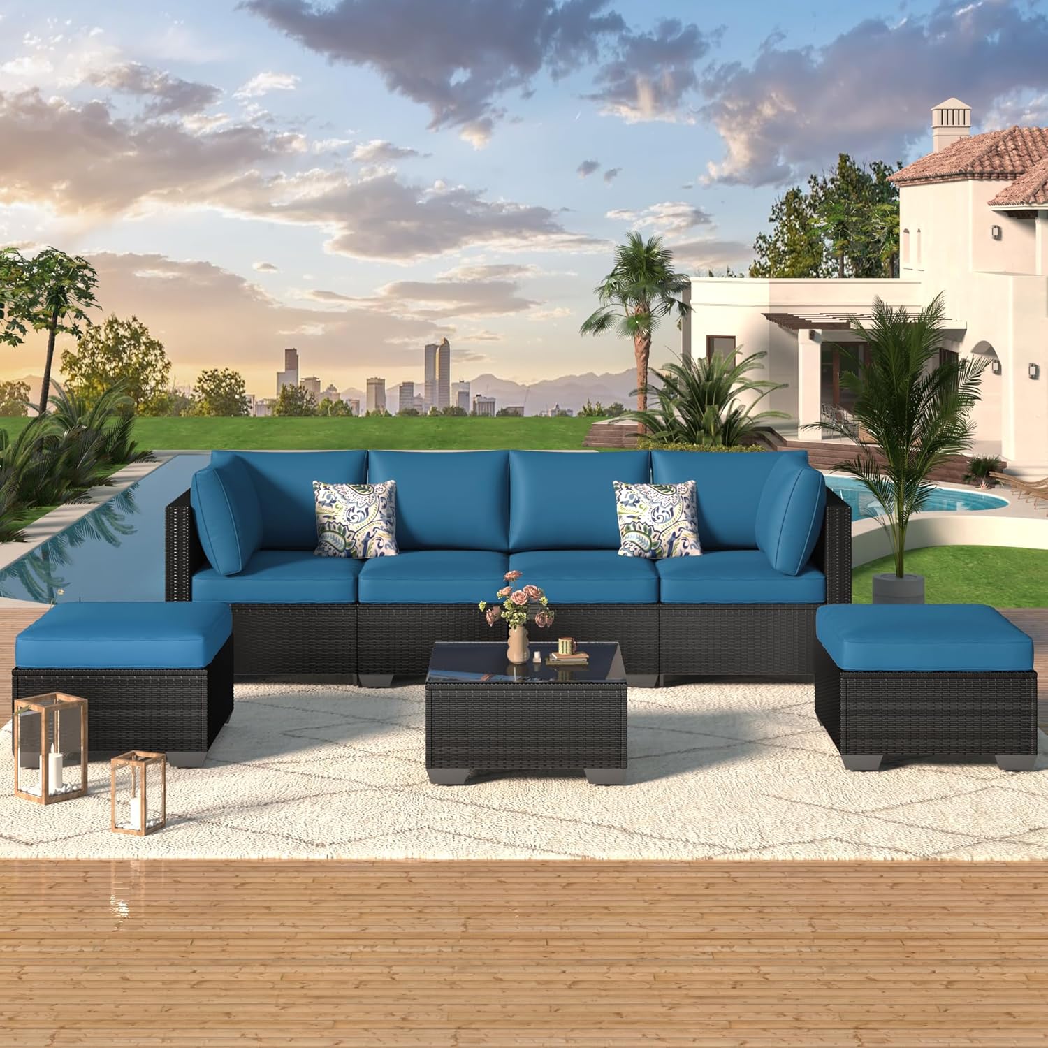 U-MAX 7 Piece Outdoor Patio Furniture Set, PE Rattan Wicker Sofa Set, Outdoor Sectional Furniture Chair Set with Navy Cushions and Tea Table, Black Rattan