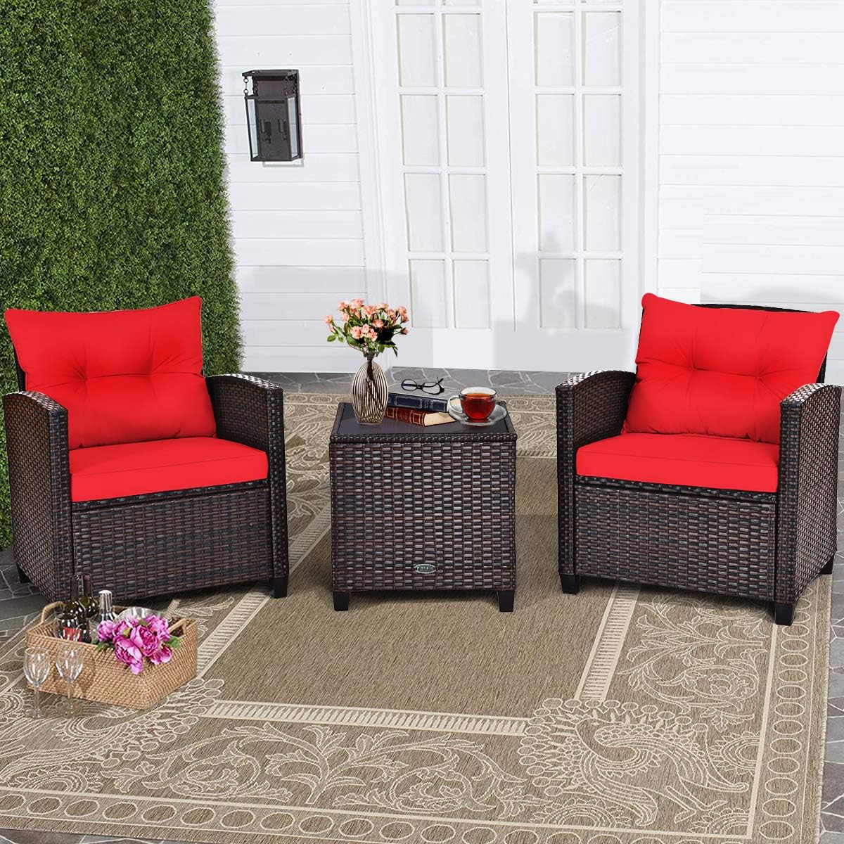 RELAX4LIFE Wicker Patio Furniture Sets - 3 Pieces Rattan Sofa Set, Outdoor Conversation Set with Tempered Glass Tabletop, Heavy-Duty Steel Frame, Wicker Chair Set for Poolside, Backyard, Grey