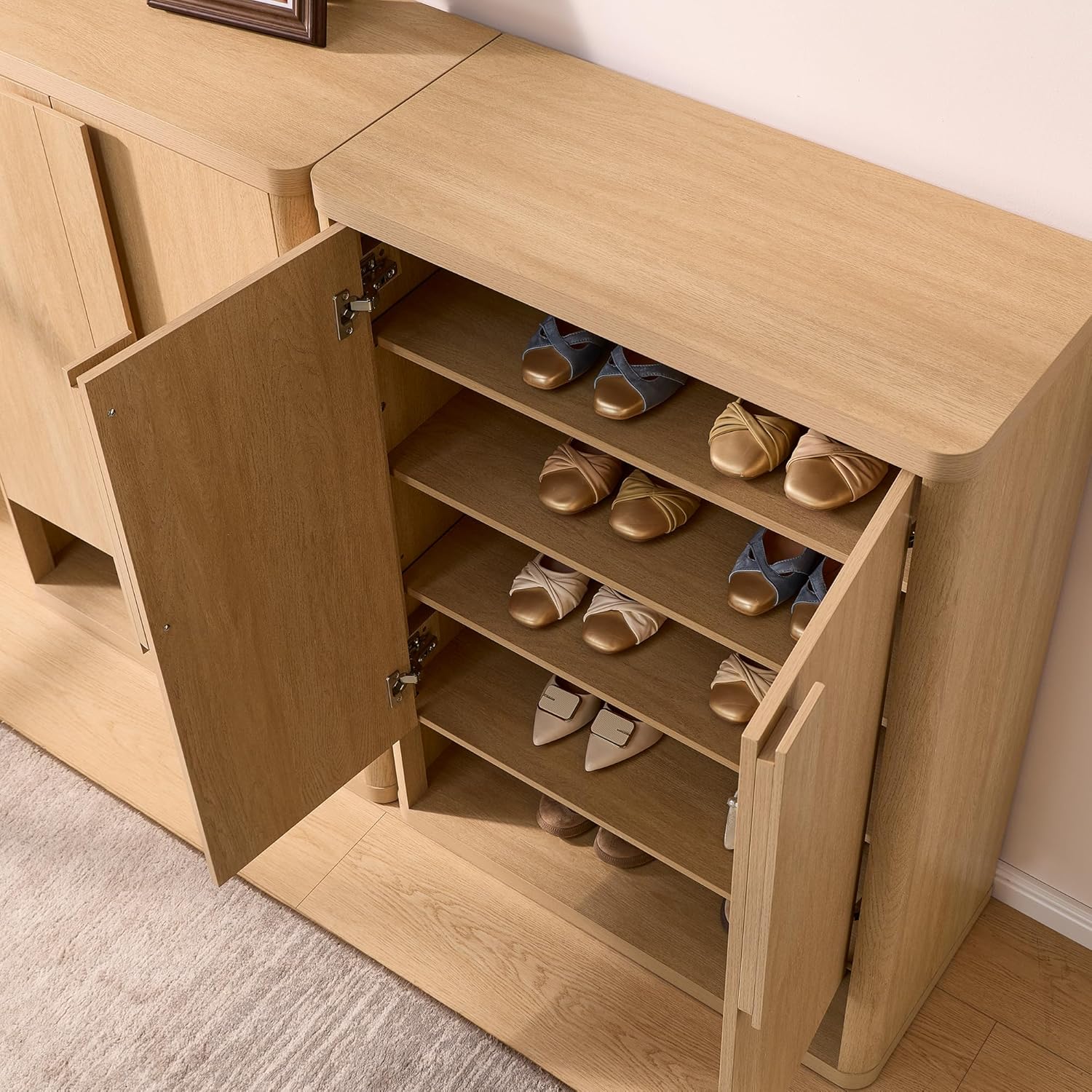 Shoe Cabinet 44" Tall Large Shoe Storage Organizer Modern Shoe Rack with Doors & 4 Shelves Minimalist Freestanding 5-Tier Shoe Storage Cabinet for Entryway Hallway Living Room, Natural, 1PC