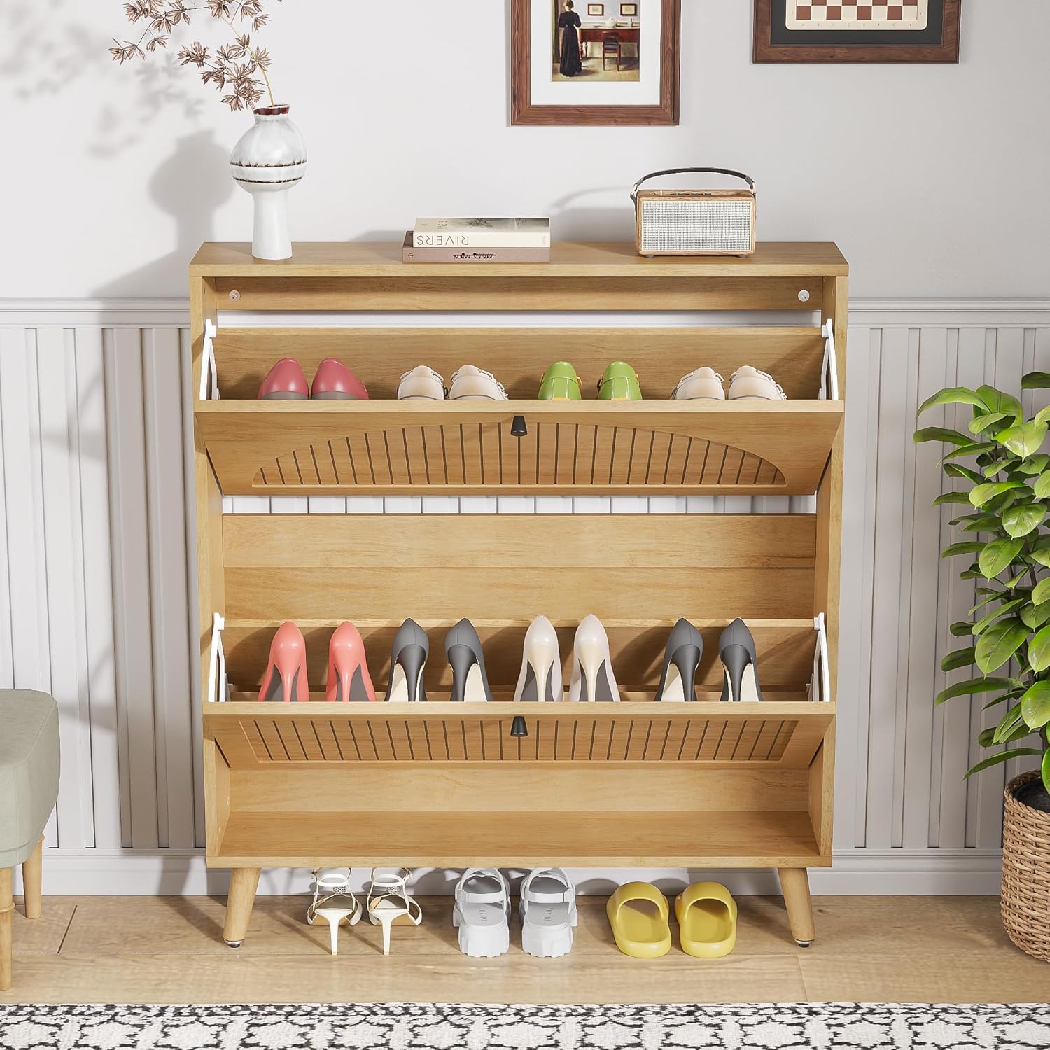 Shoe Storage Cabinet for Entryway with 2 Flip Drawers, Narrow Wood Shoe Cabinet with Fluted Panel, Freestanding Hidden Shoe Organizer for Foyer, Hallway (Wood Color - No Shelf)