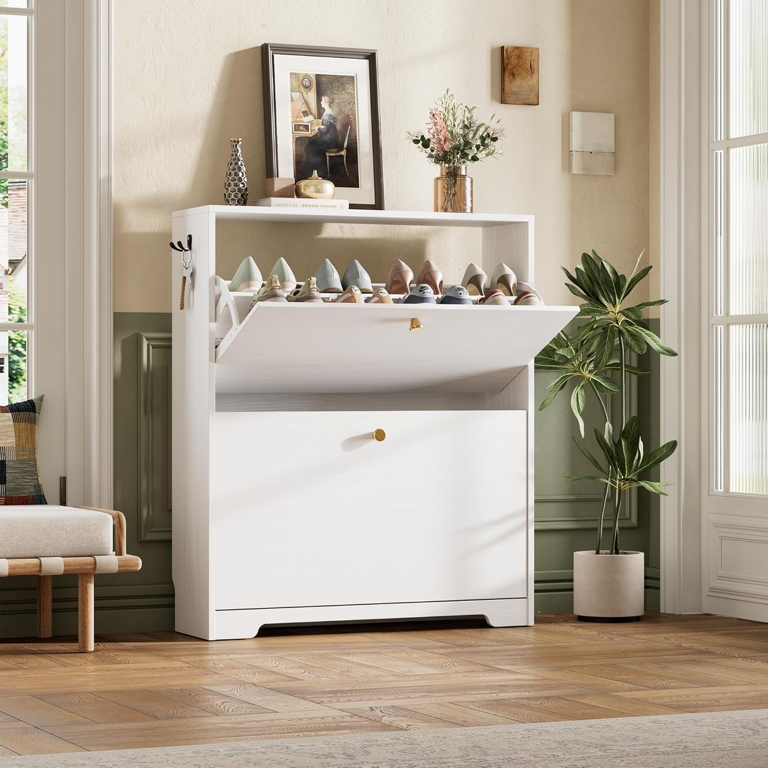 Nicetree Shoe Cabinet with 3 Flip Drawers, Narrow Shoe Organizer Cabinet, Freestanding Shoe Rack Cabinet, Morden Shoe Storage Cabinet for Entryway, Hallway, Foryer, White