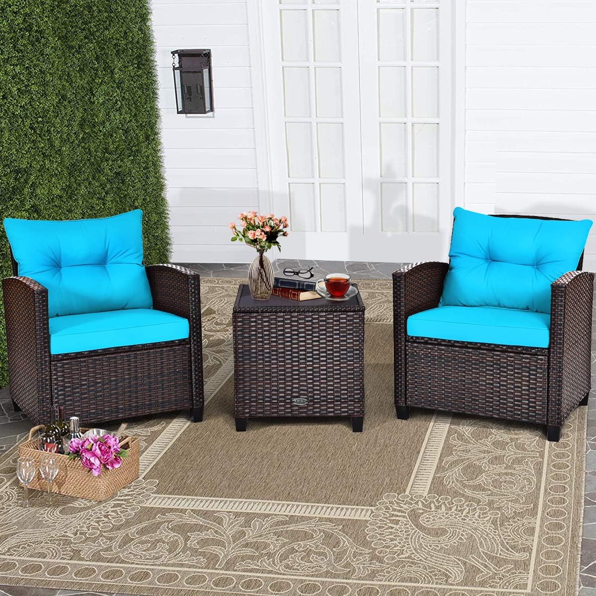 RELAX4LIFE Wicker Patio Furniture Sets - 3 Pieces Rattan Sofa Set, Outdoor Conversation Set with Tempered Glass Tabletop, Heavy-Duty Steel Frame, Wicker Chair Set for Poolside, Backyard, Grey