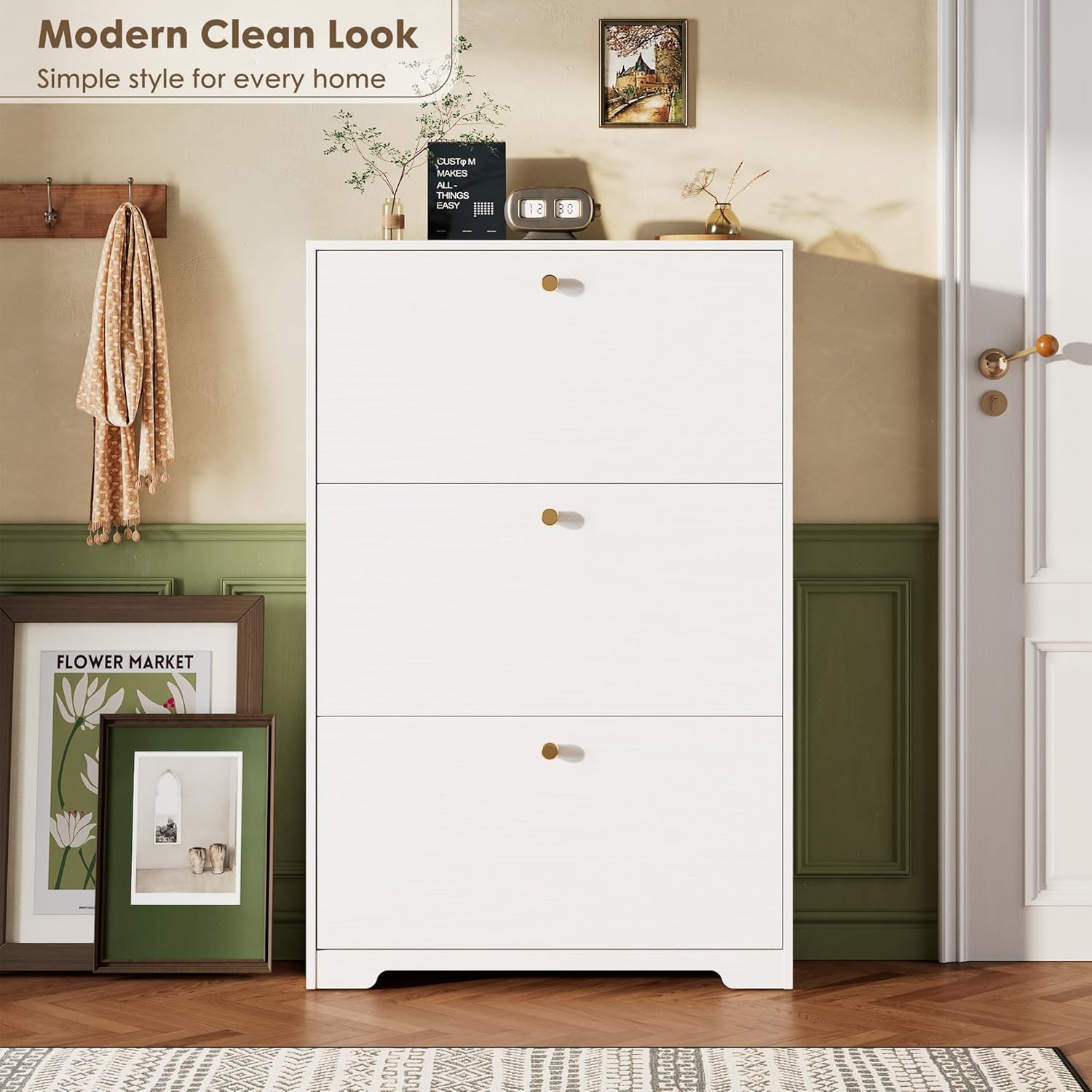 Nicetree Shoe Cabinet with 3 Flip Drawers, Narrow Shoe Organizer Cabinet, Freestanding Shoe Rack Cabinet, Morden Shoe Storage Cabinet for Entryway, Hallway, Foryer, White