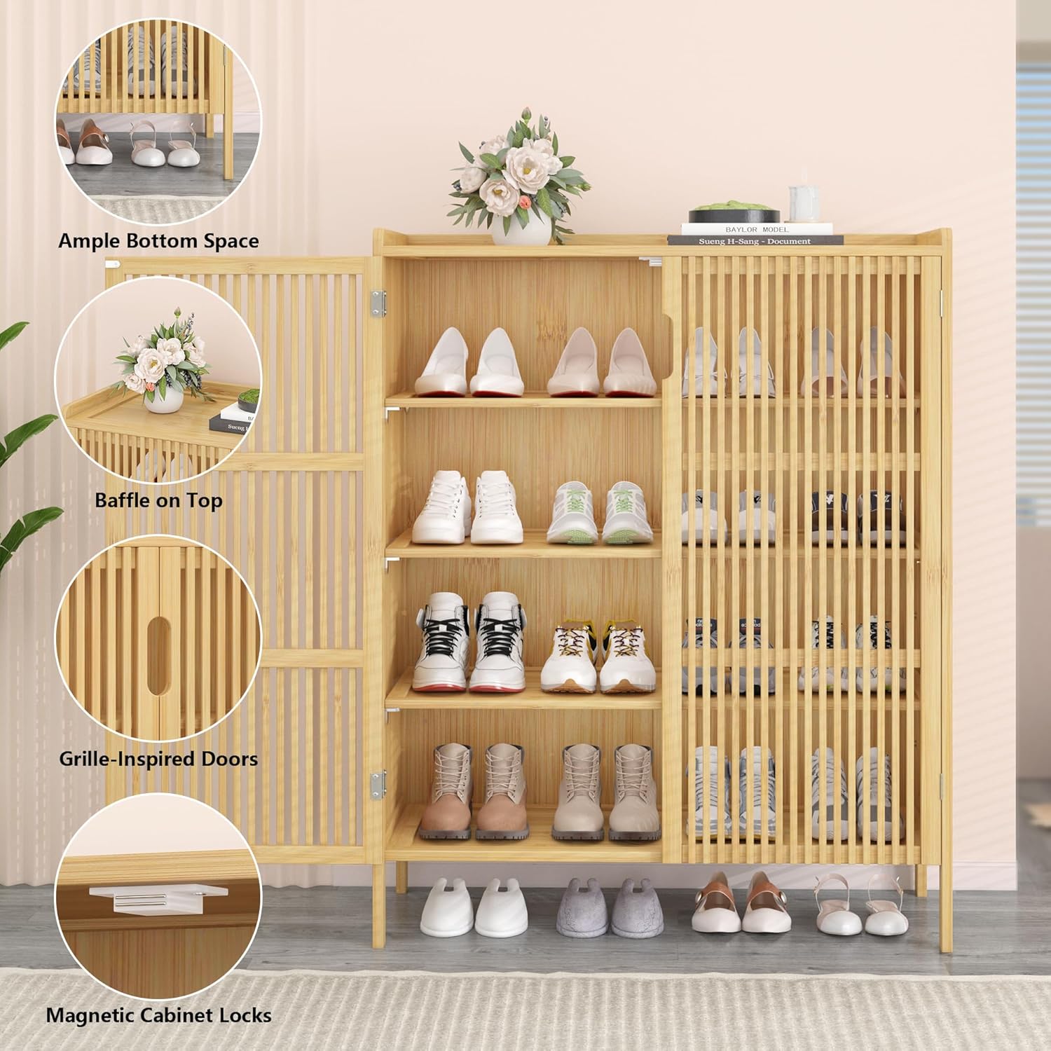 Shoe Cabinet with Doors Bamboo 5 Tiers Shoe Storage Cabinet for Entryway, 25 Pairs Wooden Shoe Cabinets, Modern Shoe Organizer Storage for Living Room, Bedroom, Hallway, Closet Nature