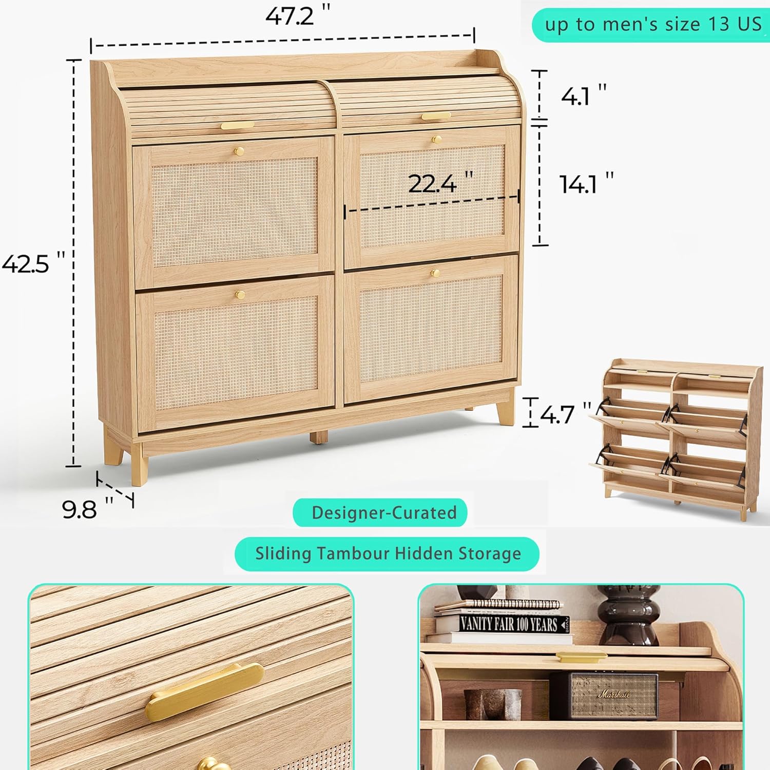 LINSY Shoe Storage Cabinet, Rattan Shoe Cabinet Wood Shoes Rack Cabinets with Sliding Tambour Door, Large Flip Drawer Shoe Cabinet Boho Hidden Shoe Storage for Entryway, Front Door, Hallway, Oak