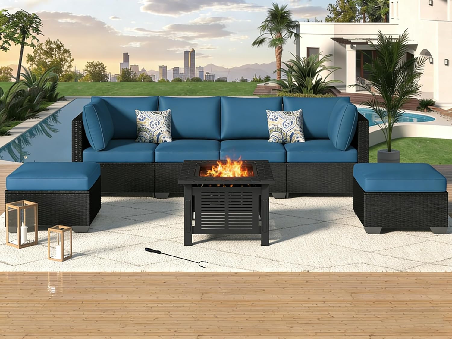 U-MAX 7 Piece Outdoor Patio Furniture Set, PE Rattan Wicker Sofa Set, Outdoor Sectional Furniture Chair Set with Navy Cushions and Tea Table, Black Rattan