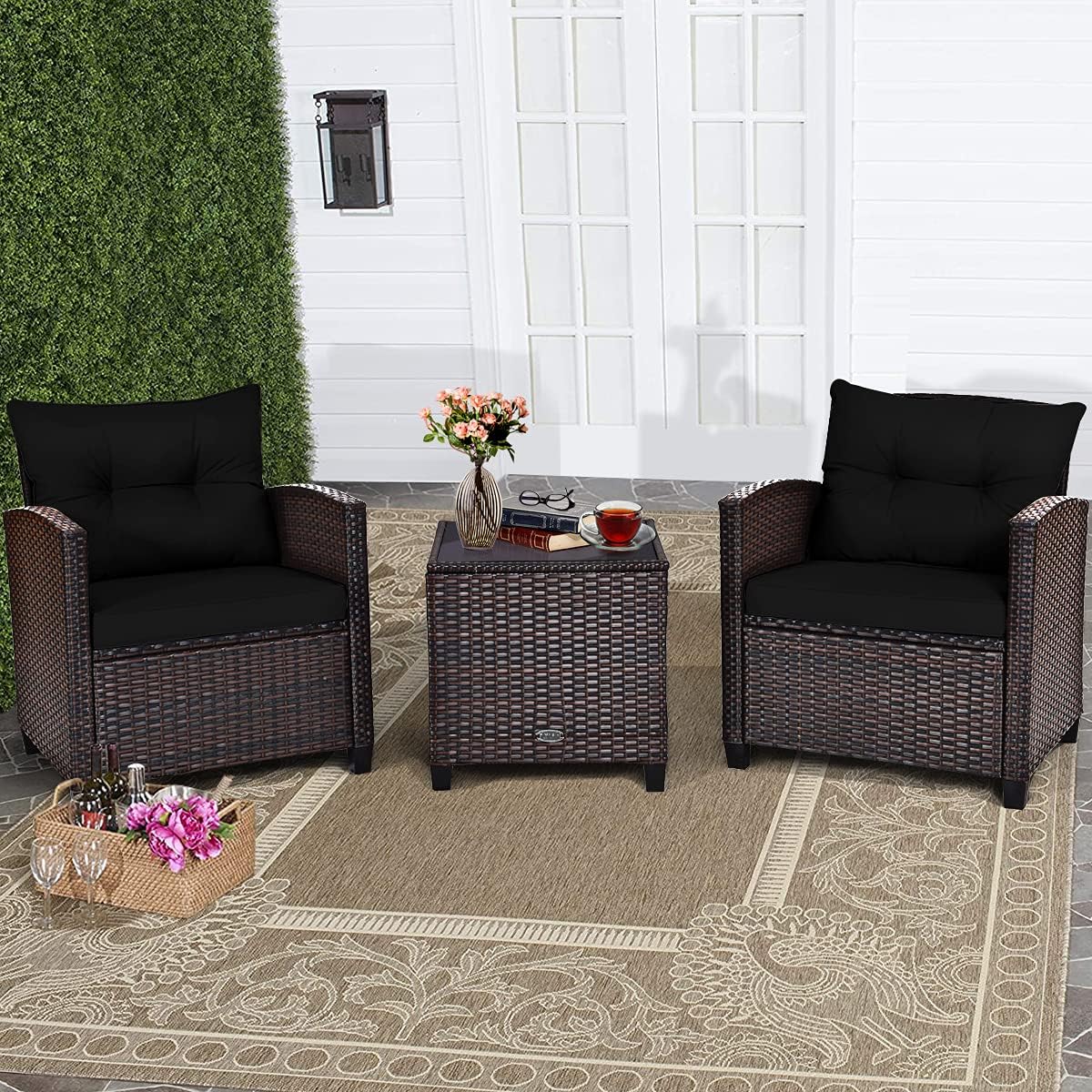 RELAX4LIFE Wicker Patio Furniture Sets - 3 Pieces Rattan Sofa Set, Outdoor Conversation Set with Tempered Glass Tabletop, Heavy-Duty Steel Frame, Wicker Chair Set for Poolside, Backyard, Grey