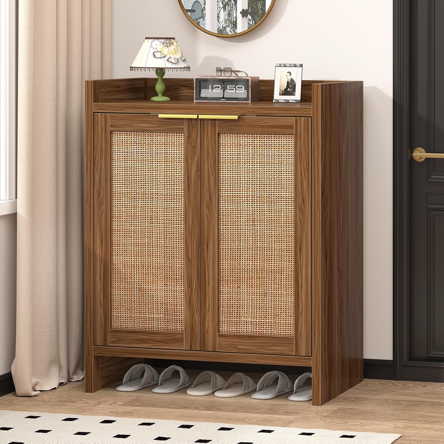 Shoe Storage Cabinet for Entryway, 4-Tier Rattan Shoe Cabinet with Doors & Adjustable Shelves, Boho Narrow Shoe Rack for Entryway Hallway Closet