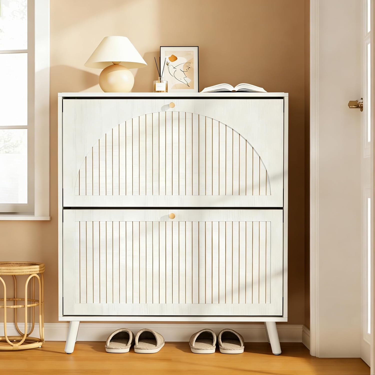 Shoe Storage Cabinet for Entryway with 2 Flip Drawers, Narrow Wood Shoe Cabinet with Fluted Panel, Freestanding Hidden Shoe Organizer for Foyer, Hallway (Wood Color - No Shelf)