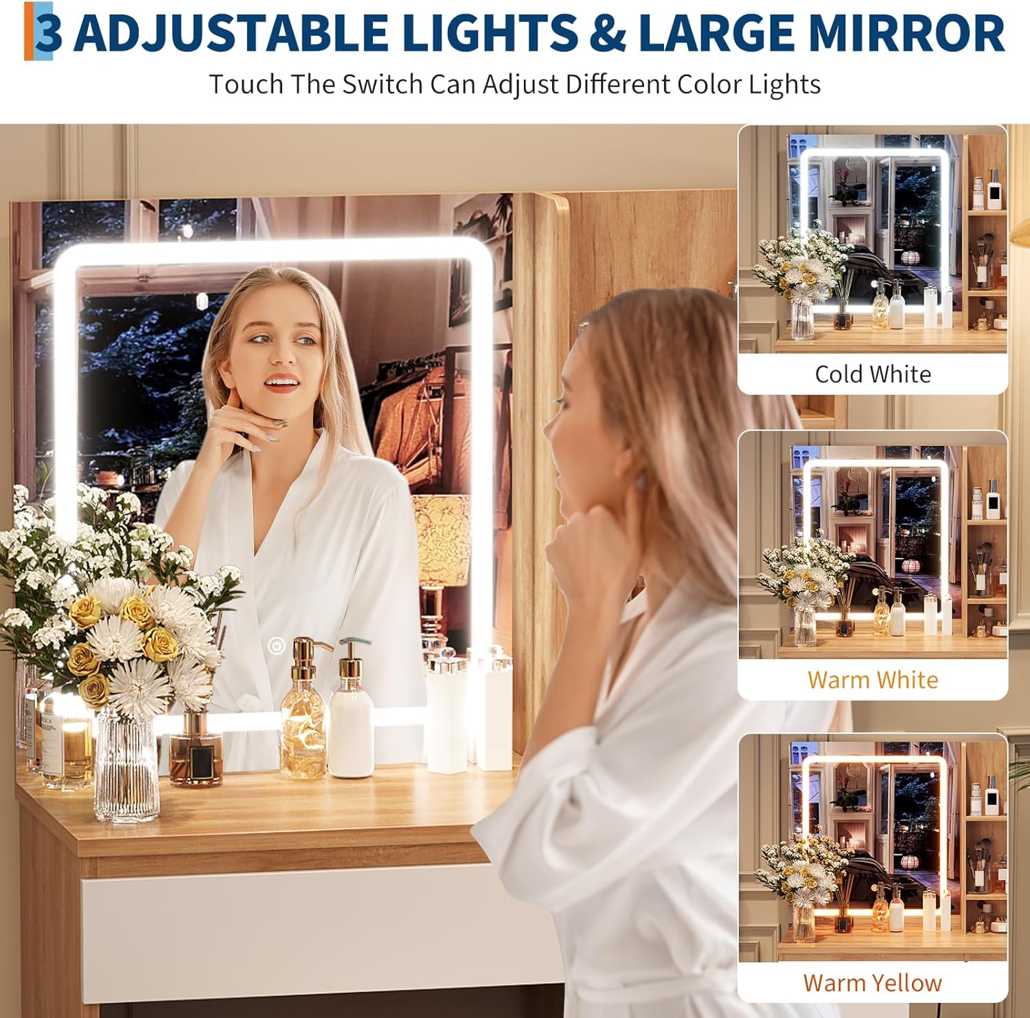 GarveeHome Vanity Desk with Mirror and Lights - Modern Makeup Dressing Table with Outlets, Storage Stool, 4 Drawers & Hair Dryer Holder - 3 Colors LED Vanity Mirror, Vanities for Bedroom, Natural