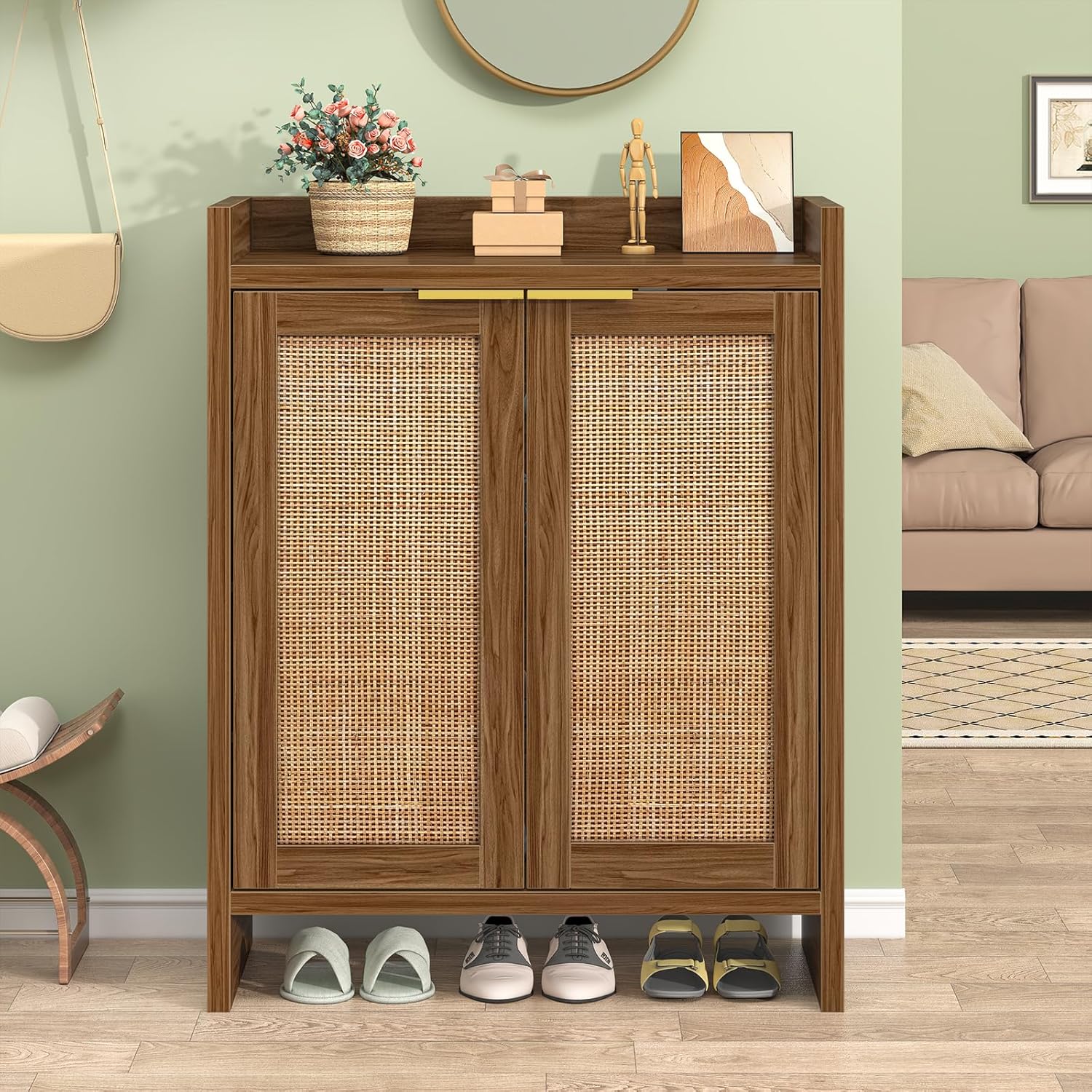 Shoe Storage Cabinet for Entryway, 4-Tier Rattan Shoe Cabinet with Doors & Adjustable Shelves, Boho Narrow Shoe Rack for Entryway Hallway Closet