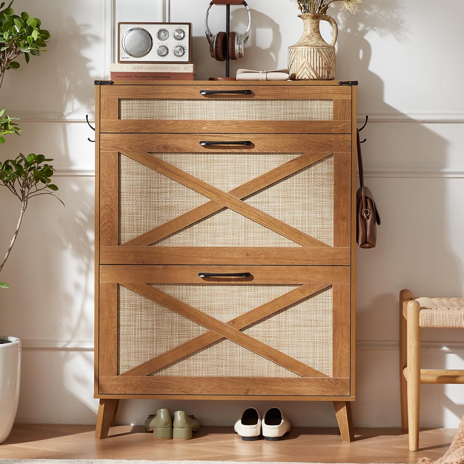 LEYAOYAO Shoe Storage Cabinet for Entryway with 2 Rattan Flip Drawers, Boho Narrow Shoe Cabinets for 16-20 Pairs Shoes with Large Drawers, Hidden Slim Shoe Rack with Wood Legs for Hallway, Natural Oak