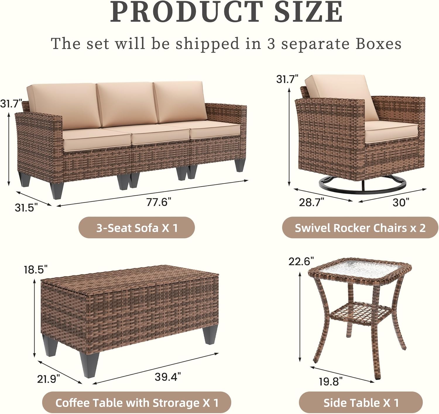 UDPATIO Patio Furniture Set, 5 Pieces Outdoor Conversation Sets with Rocking Swivel Chairs, Wicker Rattan Outdoor Sofa Set with Storage Table and Waterproof Covers for Backyard, Deck, Porch, Khaki