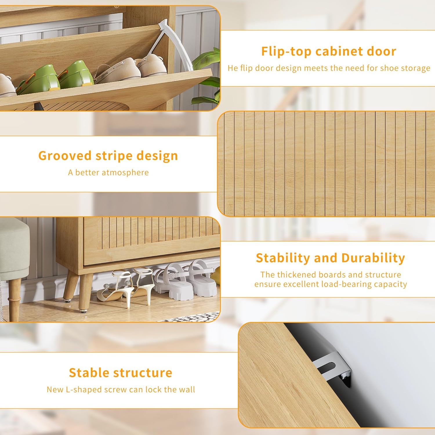 Shoe Storage Cabinet for Entryway with 2 Flip Drawers, Narrow Wood Shoe Cabinet with Fluted Panel, Freestanding Hidden Shoe Organizer for Foyer, Hallway (Wood Color - No Shelf)