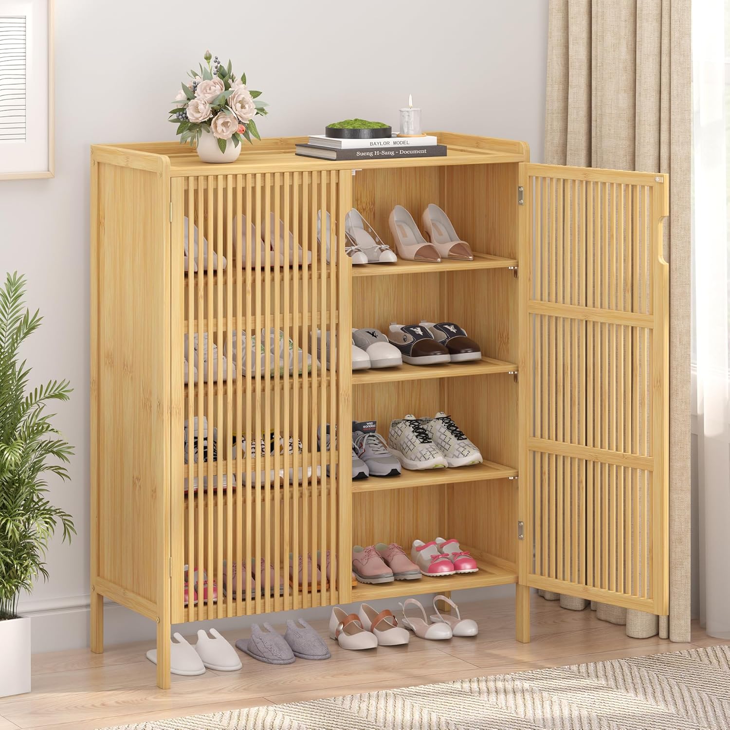 Shoe Cabinet with Doors Bamboo 5 Tiers Shoe Storage Cabinet for Entryway, 25 Pairs Wooden Shoe Cabinets, Modern Shoe Organizer Storage for Living Room, Bedroom, Hallway, Closet Nature