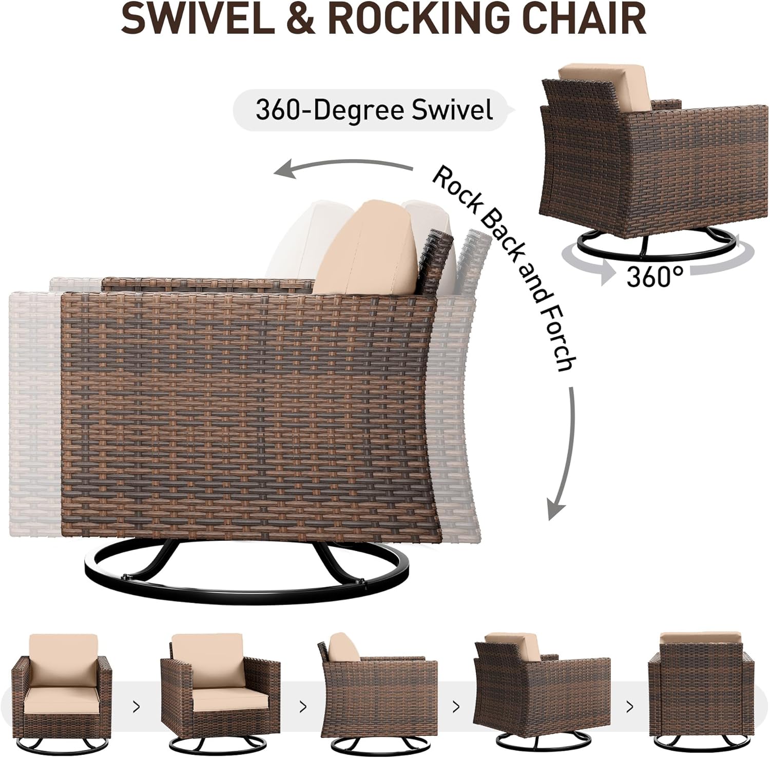 UDPATIO Patio Furniture Set, 5 Pieces Outdoor Conversation Sets with Rocking Swivel Chairs, Wicker Rattan Outdoor Sofa Set with Storage Table and Waterproof Covers for Backyard, Deck, Porch, Khaki