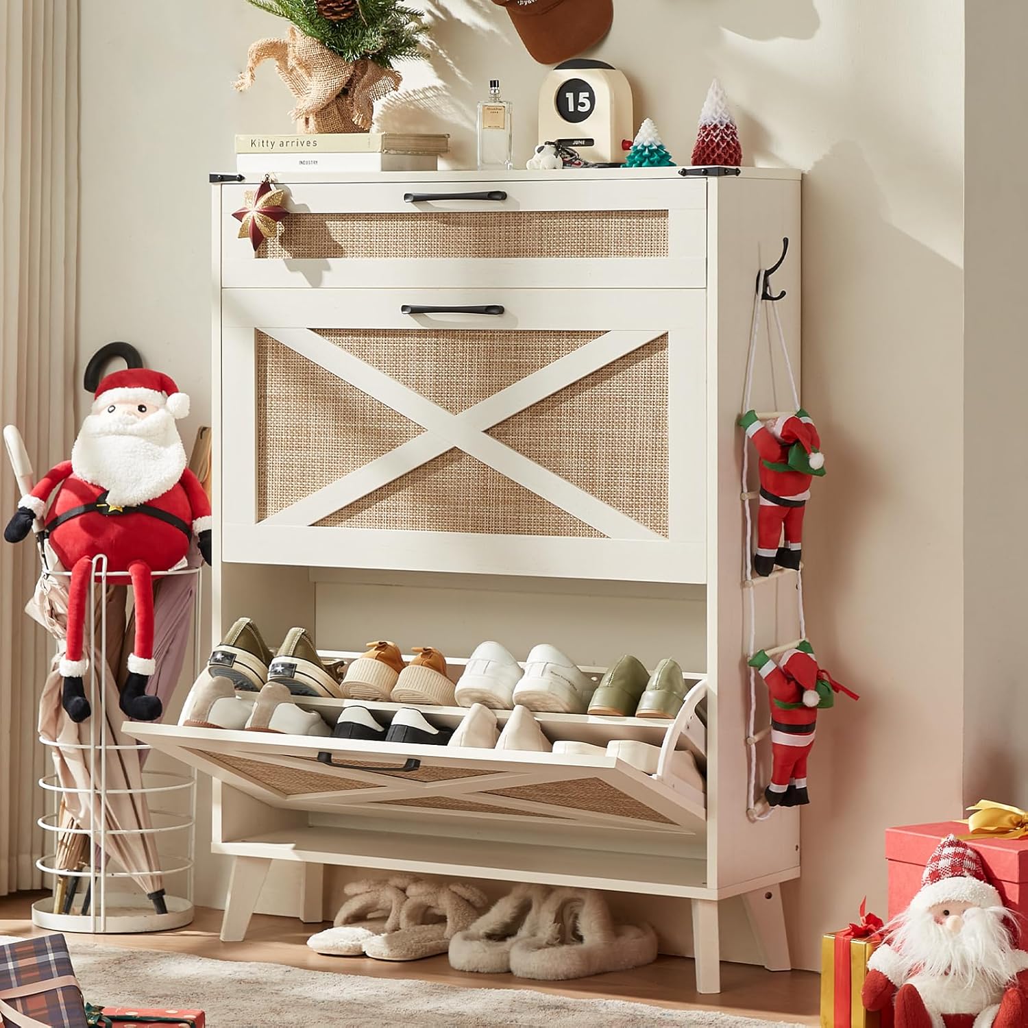 LEYAOYAO Shoe Storage Cabinet for Entryway with 2 Rattan Flip Drawers, Boho Narrow Shoe Cabinets for 16-20 Pairs Shoes with Large Drawers, Hidden Slim Shoe Rack with Wood Legs for Hallway, Natural Oak