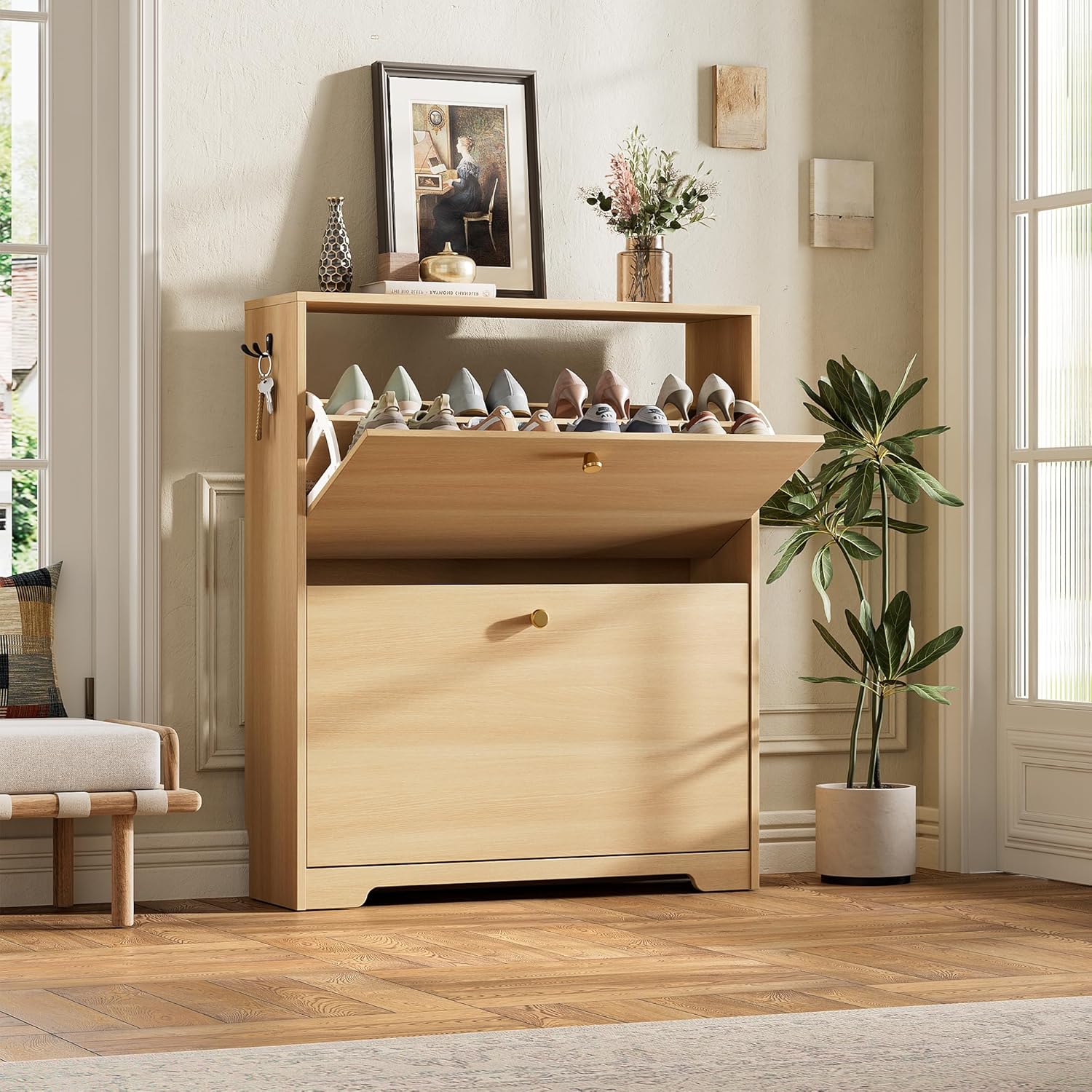 Nicetree Shoe Cabinet with 3 Flip Drawers, Narrow Shoe Organizer Cabinet, Freestanding Shoe Rack Cabinet, Morden Shoe Storage Cabinet for Entryway, Hallway, Foryer, White