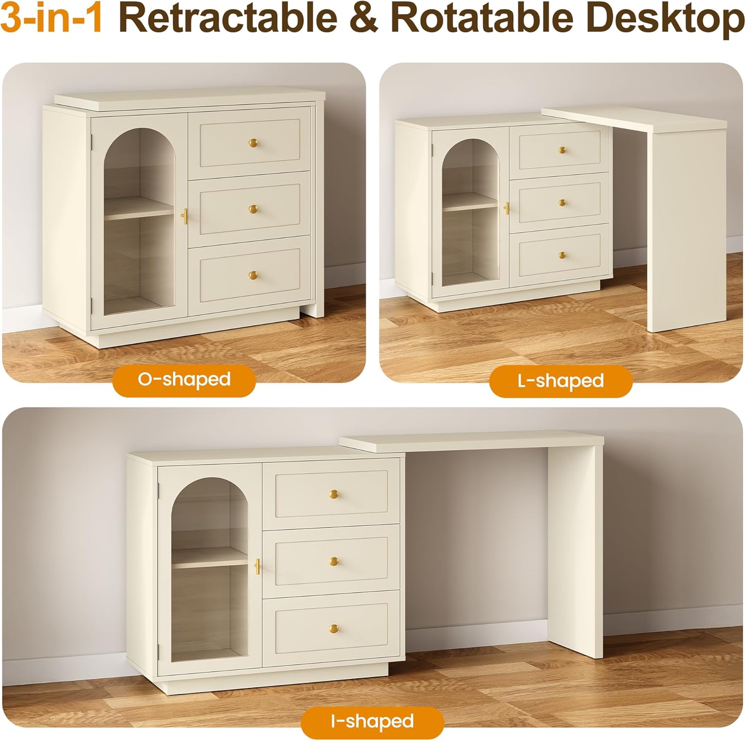 RoyalCraft 59” Large Makeup Vanity Desk, Beige L Shaped Corner Vanity Table with 3 Drawer & 2 Door, Modern Extendable Dressing Table, Vanity Dresser Combo for Bedroom, Dressing Room (Without Mirror)